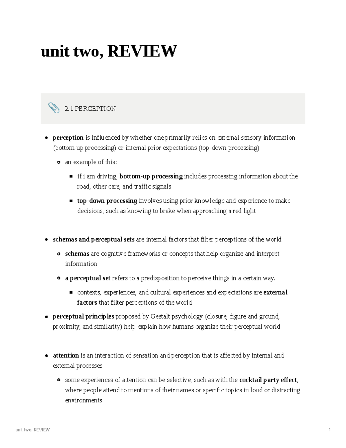Unit II AP Psych Review: Perception, Memory, and Intelligence Concepts ...