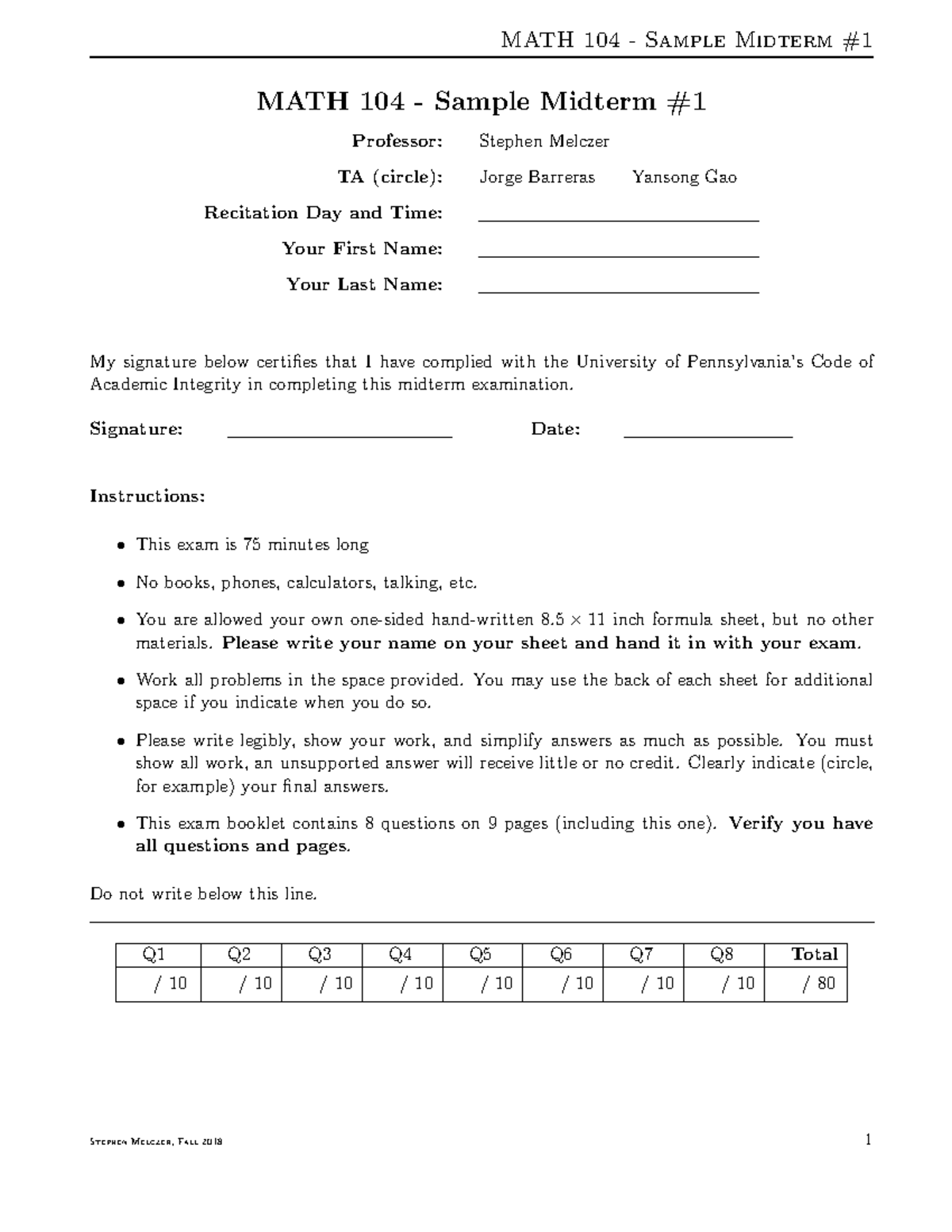 MATH 104 - Sample Midterm Exam by Prof. Melczer - Studocu