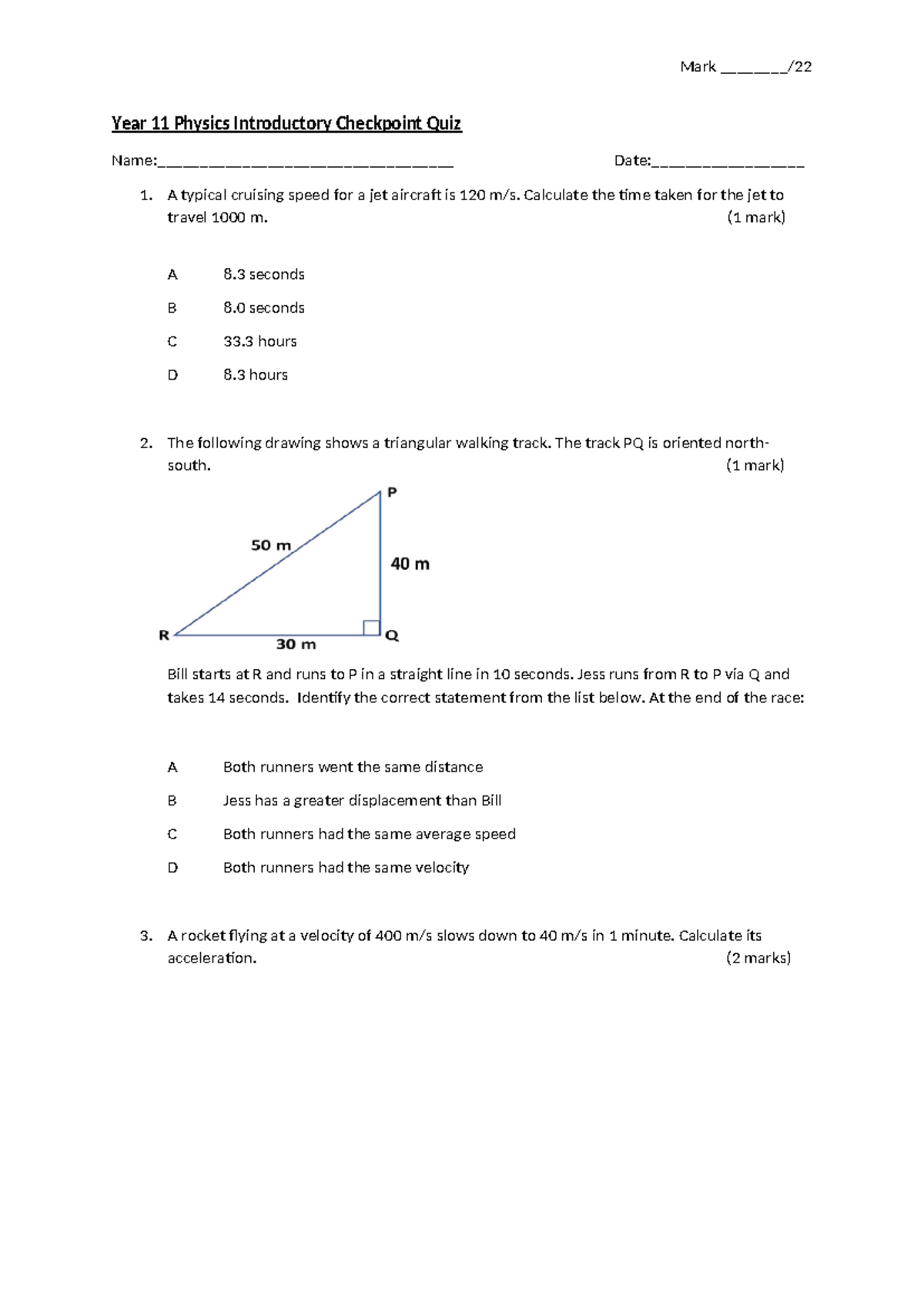 Year 11 Physics Checkpoint Quiz 1 (Motion) - Studocu
