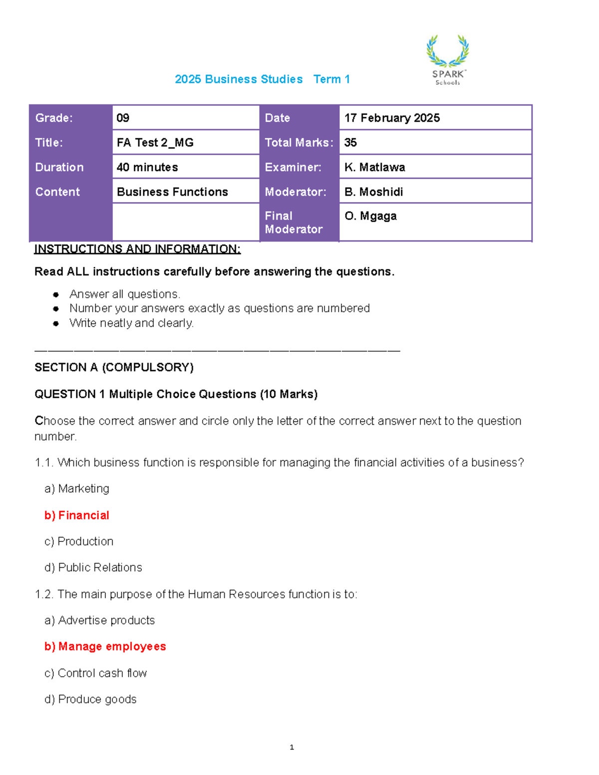MG EMS GR 9 FA Test 2: Business Functions Overview 2025 - Studocu