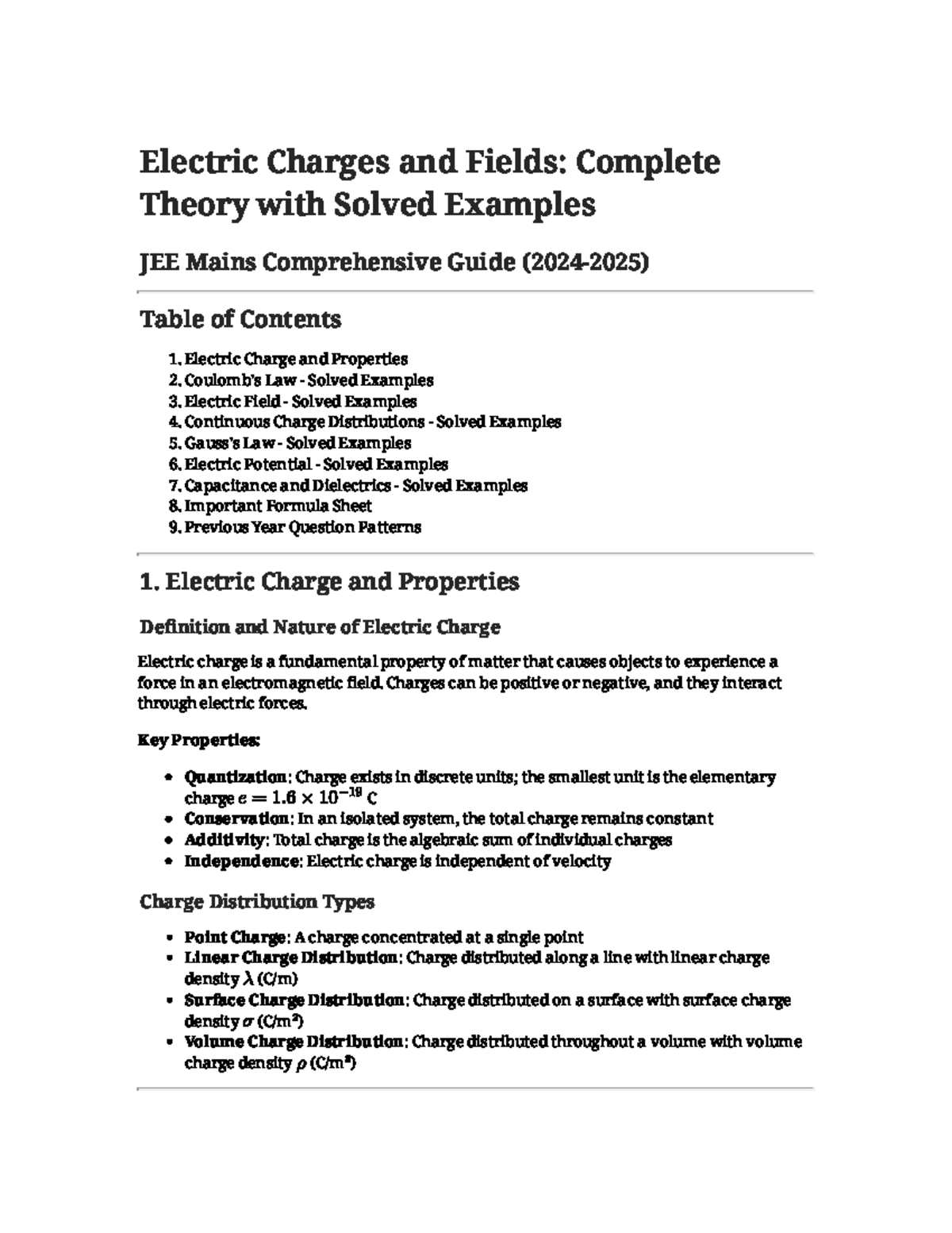 Electric Charges and Fields: JEE Mains Comprehensive Guide - Studocu