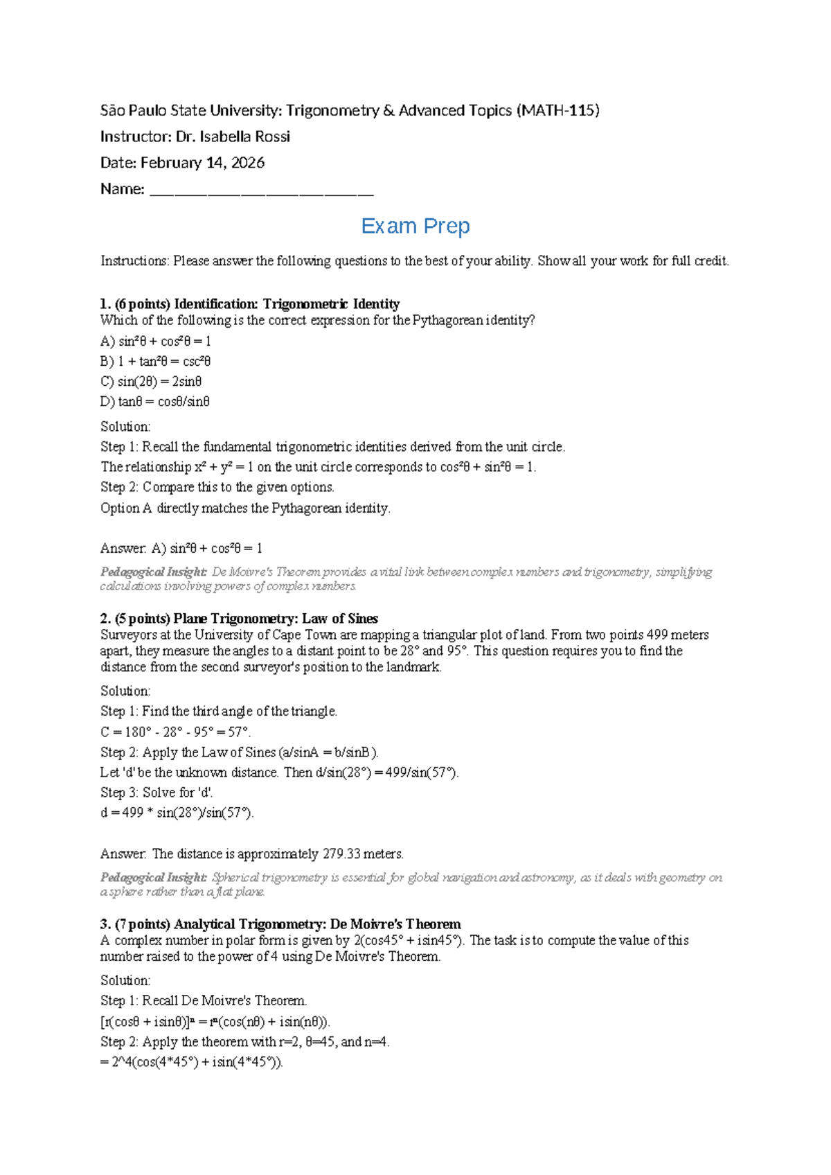 Trigonometry Exam Prep 6275: Advanced Topics & Practice Questions - Studocu