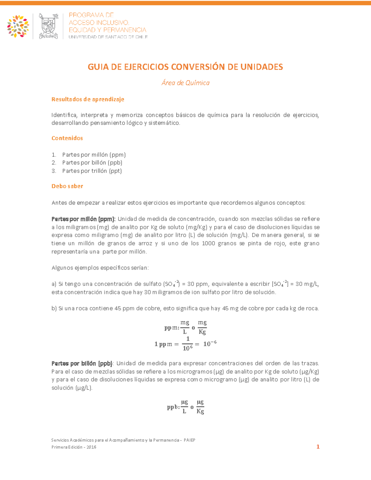 Conversión de unidades (ppm, ppb y ppt) - Quimica - IACC - Studocu