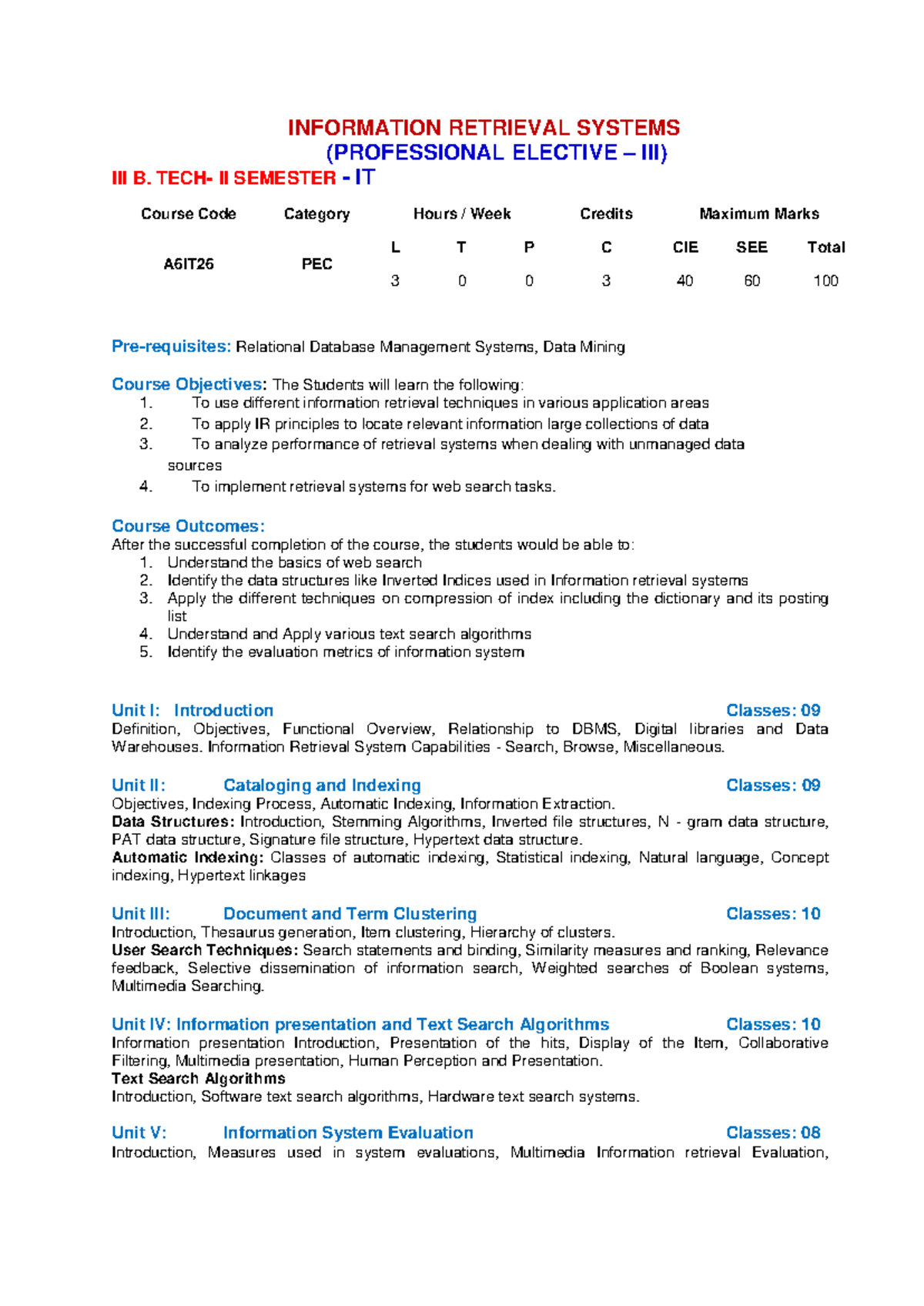 Information Retrieval Systems Overview (PE 3 - III B. TECH) - Studocu