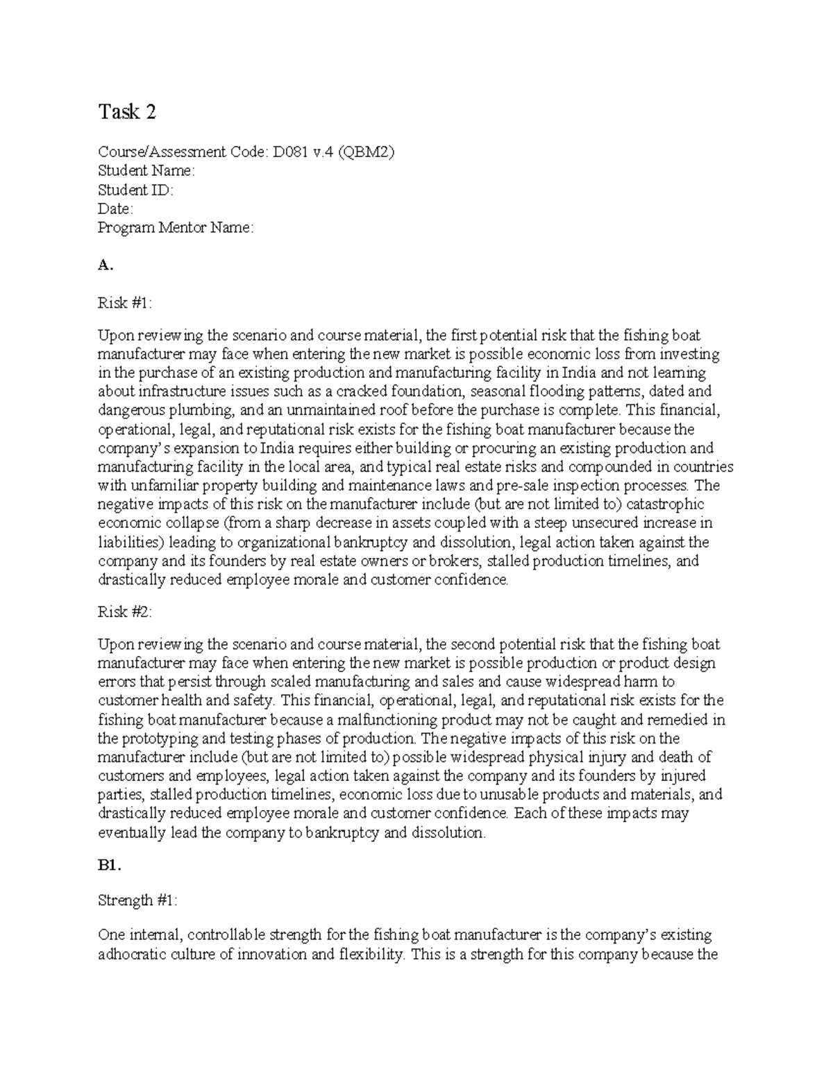 D081 Task 2 - Risk Analysis and Strategic Recommendations Report - Studocu