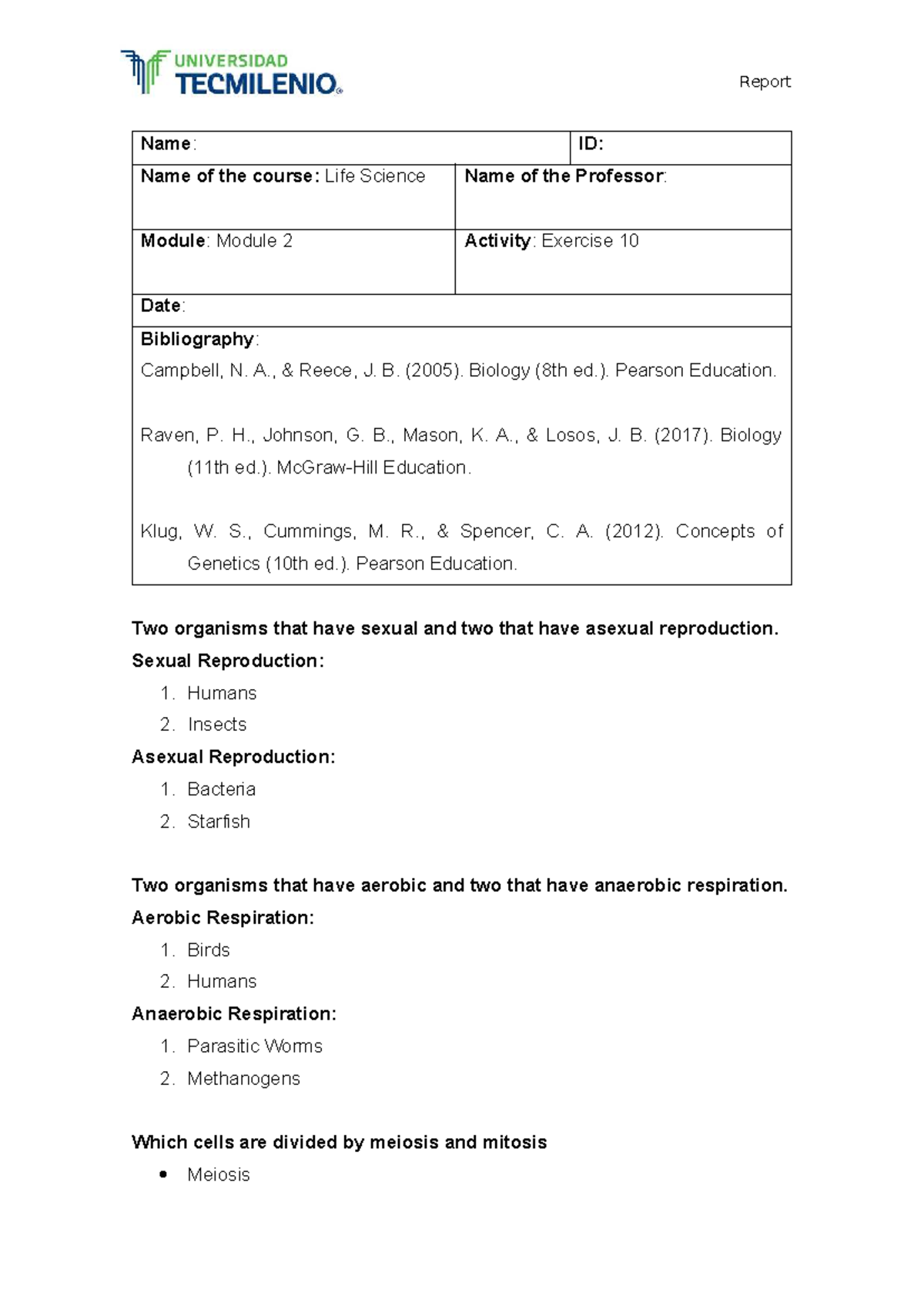 Exercise 10 - Life Science Report (Module 2) - Studocu