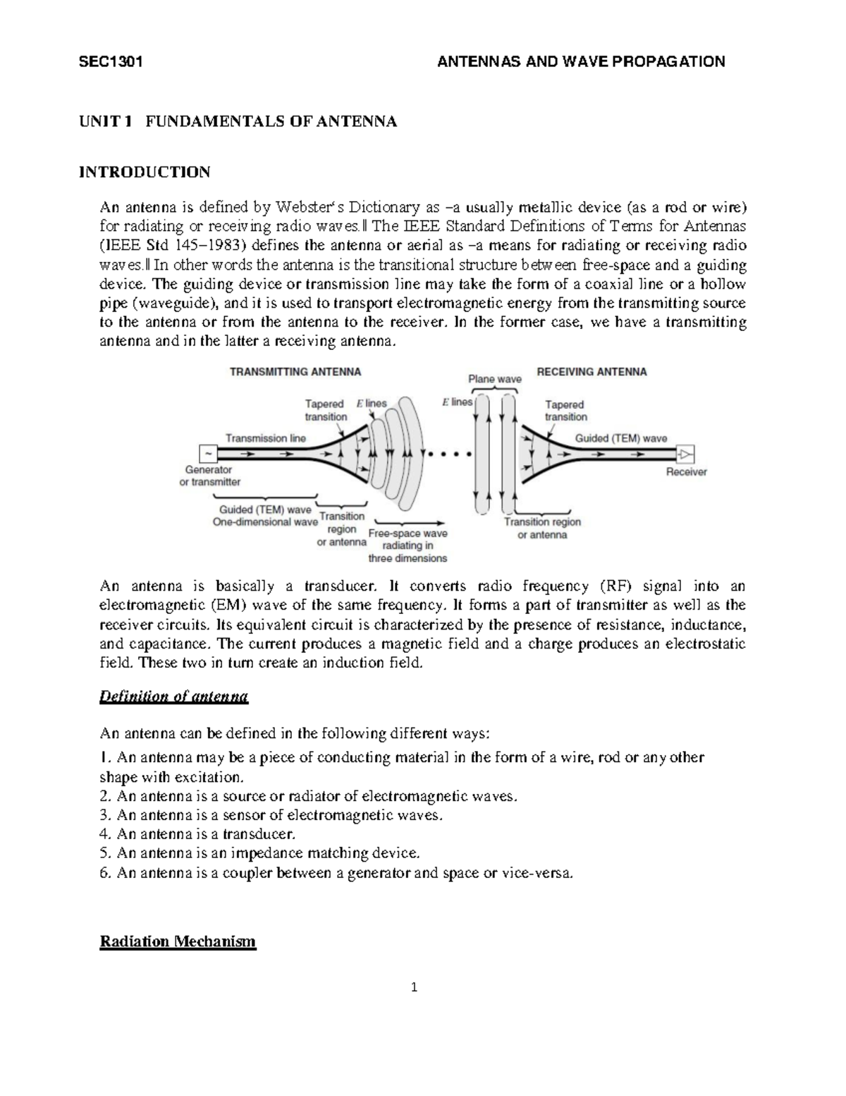 SEC1301 ANTENNAS AND WAVE PROPAGATION UNIT 1: ANTENNA FUNDAMENTALS ...