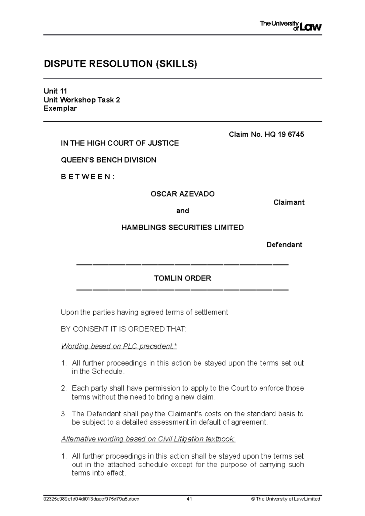 Dispute Resolution (Skills) Unit 11 Task 2 Exemplar Document - Studocu