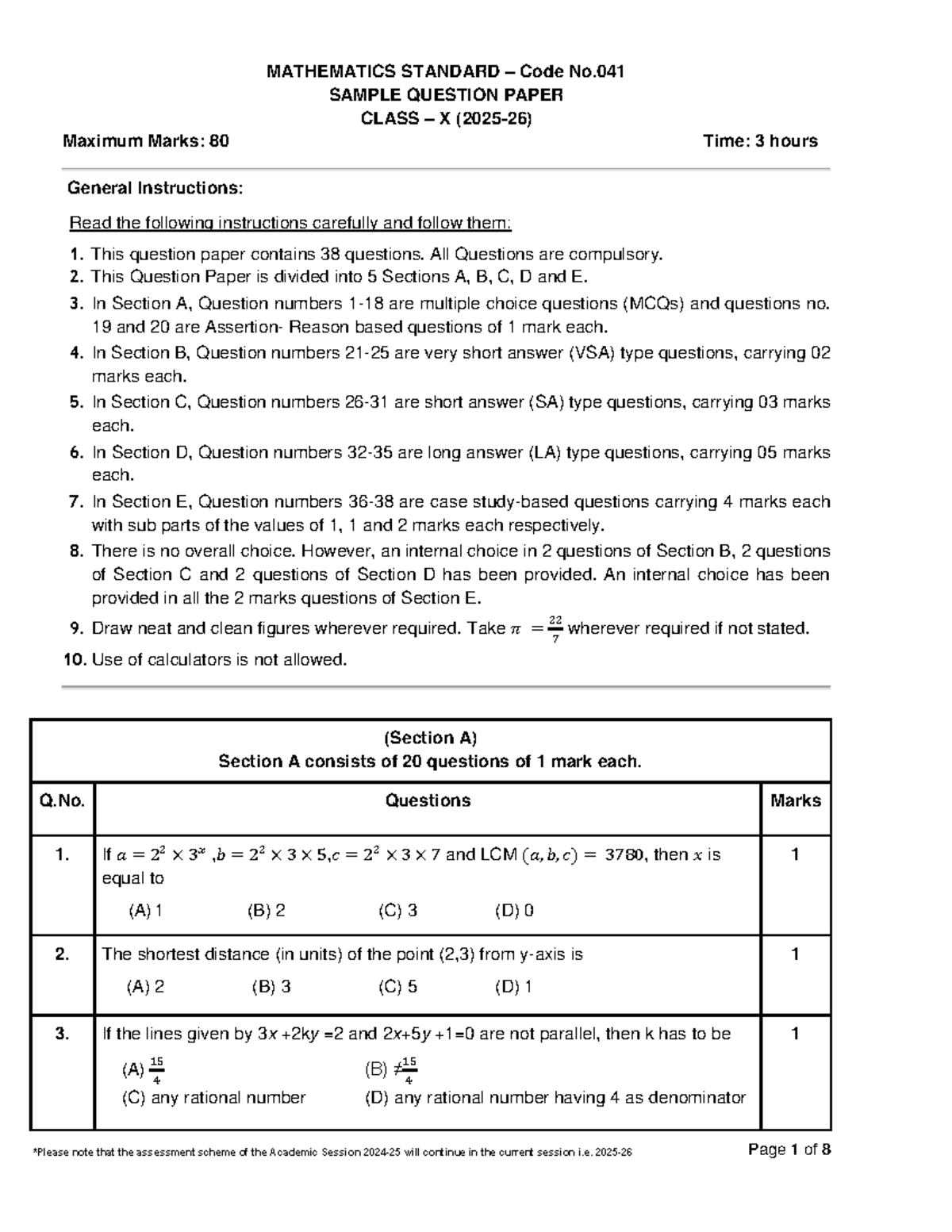 MATHEMATICS STANDARD Code No.041 SAMPLE QUESTION PAPER CLASS X - Studocu
