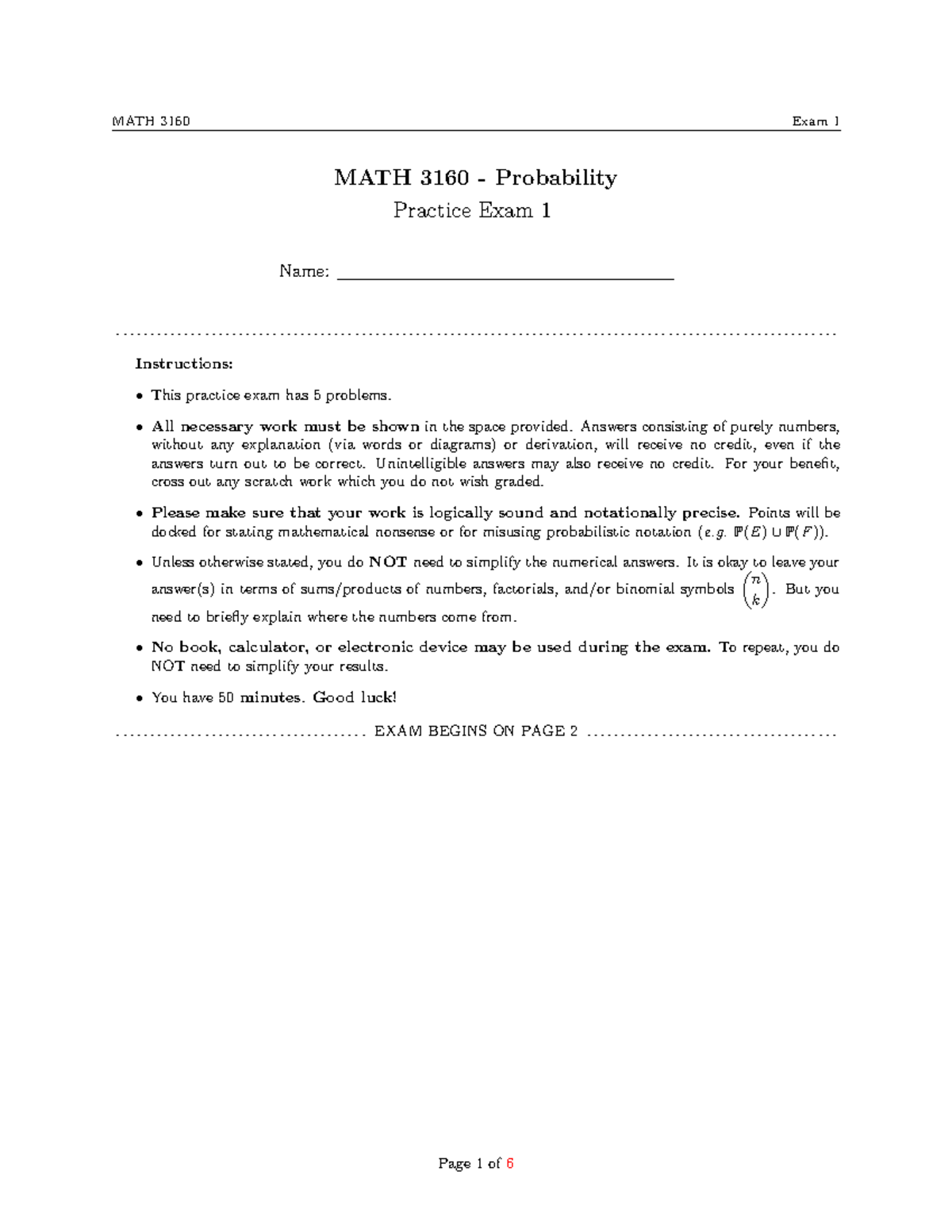 MATH 3160 Practice Exam 1: Probability Problems and Solutions - Studocu