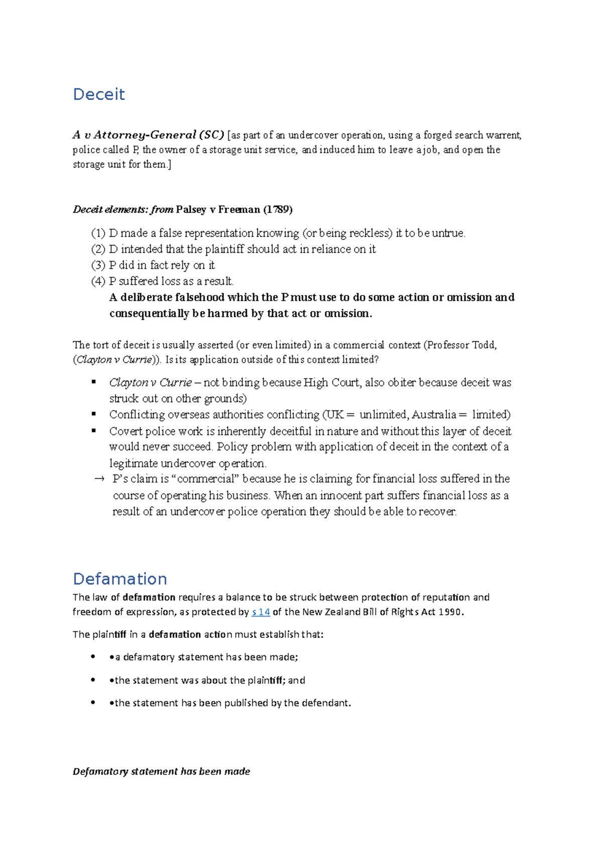 Deceit and Defamation Case Summary and Notes for Legal Studies - Studocu