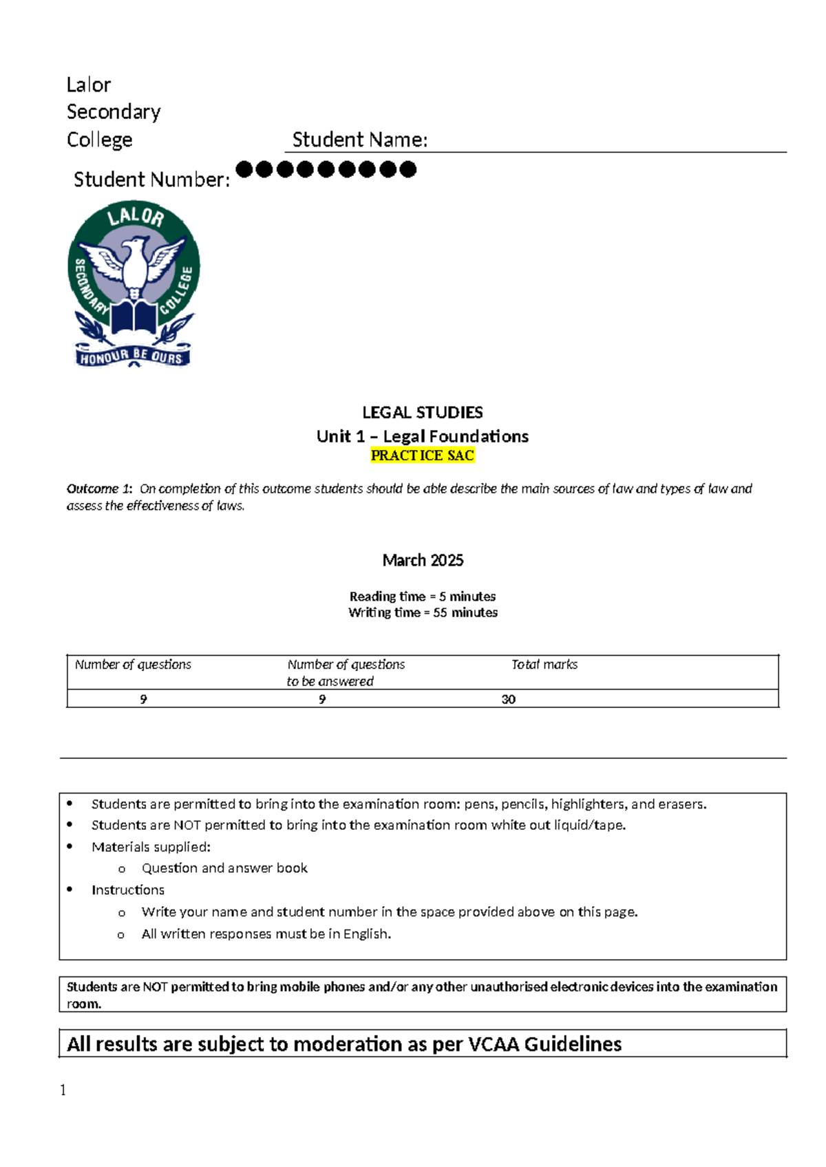 Legal Studies Unit 1 AOS 1 Practice SAC March 2025 - Studocu