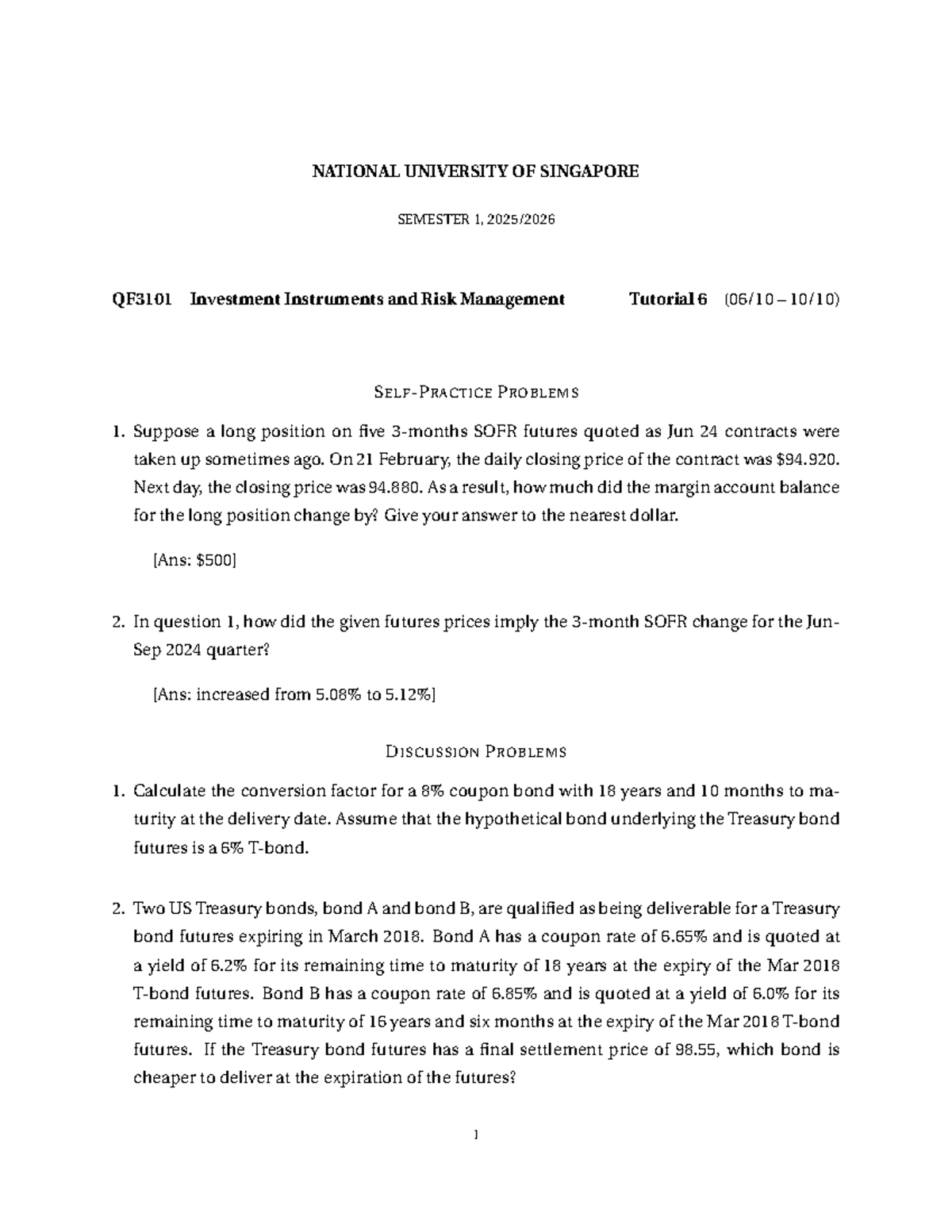 QF3101 Tutorial 6: Investment Instruments & Risk Management Problems ...