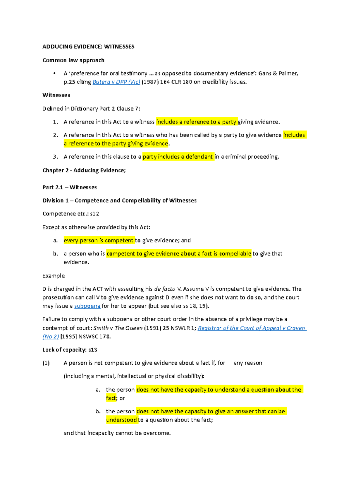 Evidence Law Lecture Notes Week 2 - Adducing Evidence & Witnesses - Studocu