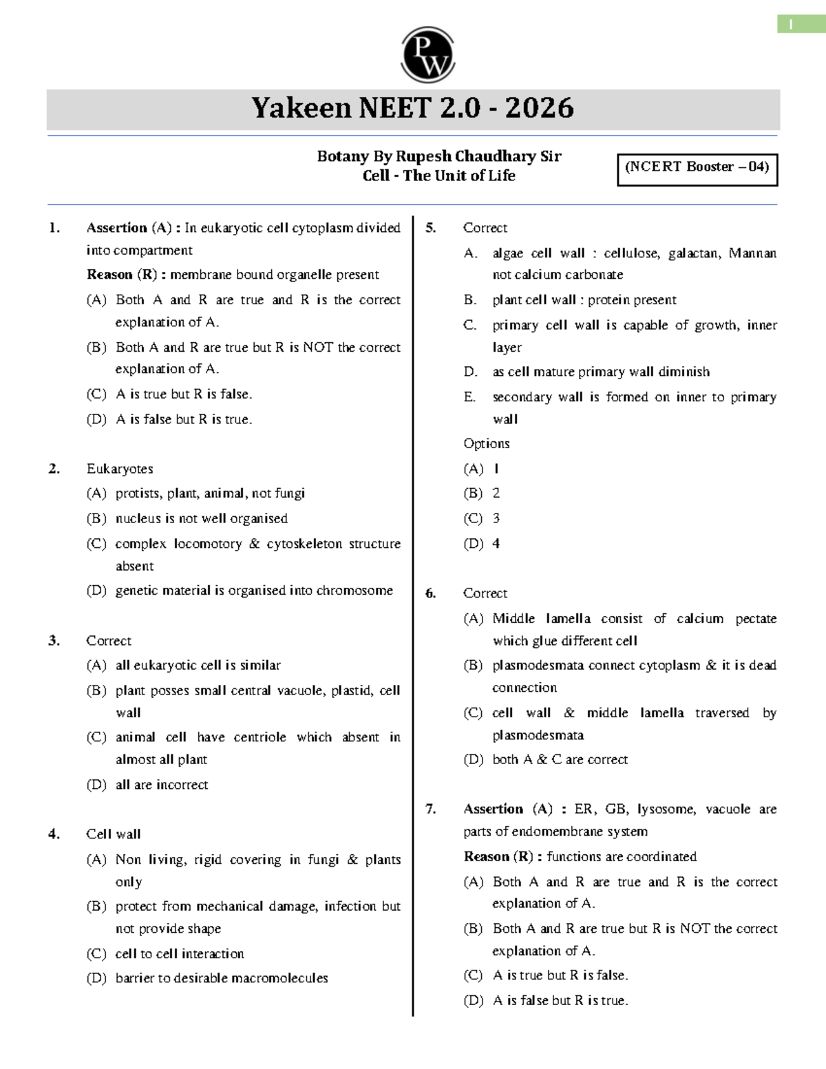 Cell - The Unit of Life: NCERT Booster 04 for NEET 2026 Botany - Studocu