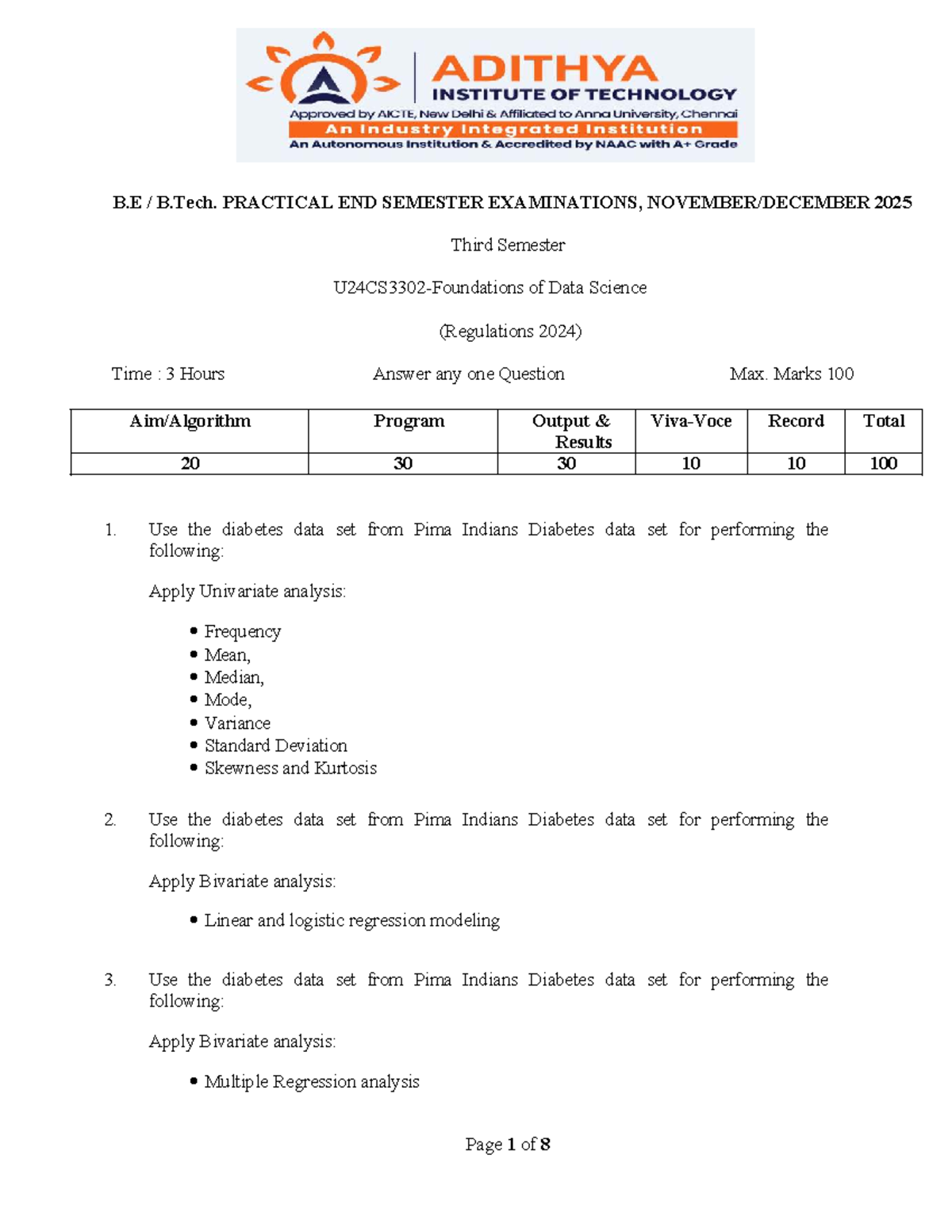 B.E B.Tech. DS Lab Practical Exam QP - End Sem 2025 - Studocu