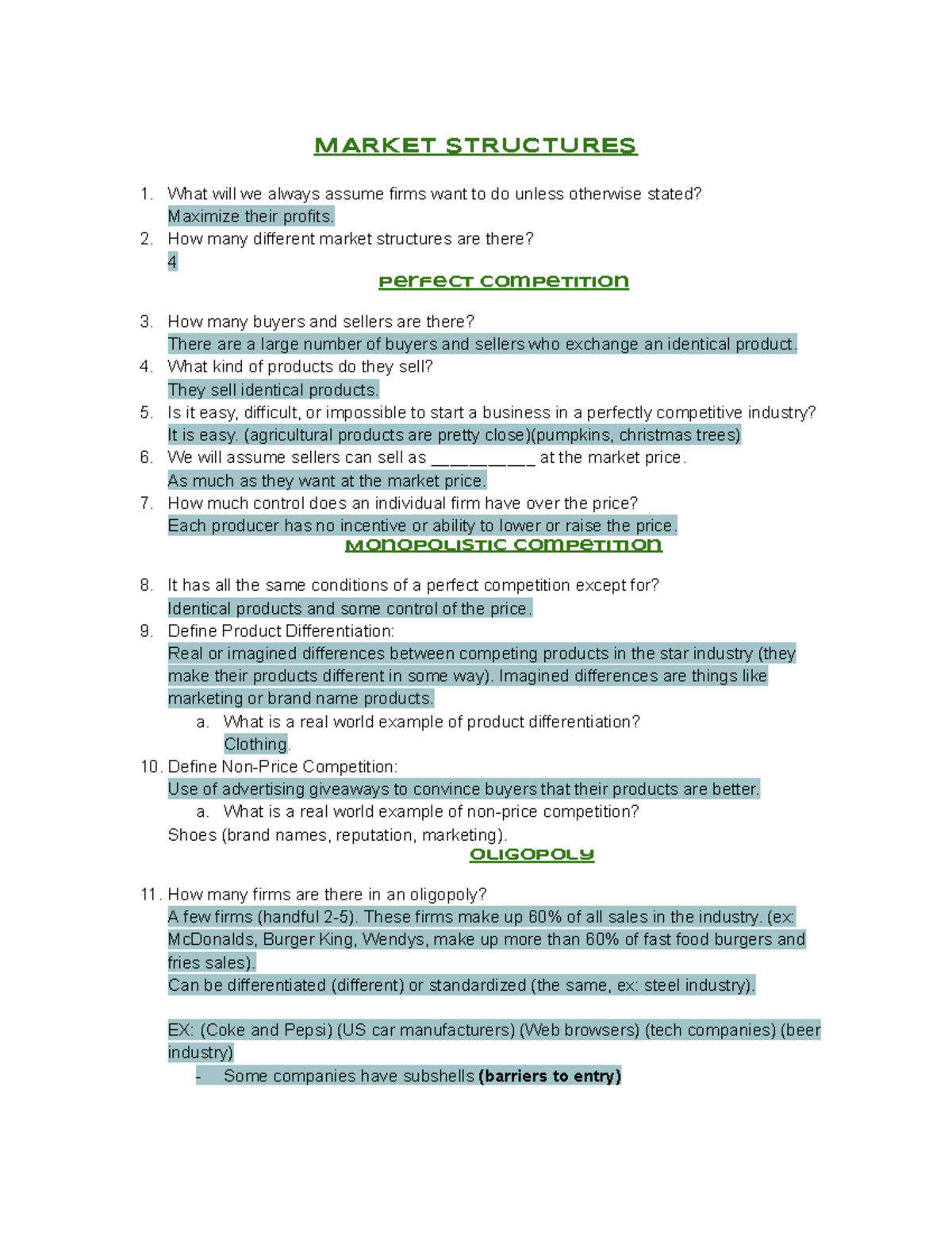 Market Structures Outline Notes - MARKET STRUCTURES 1. What will we ...