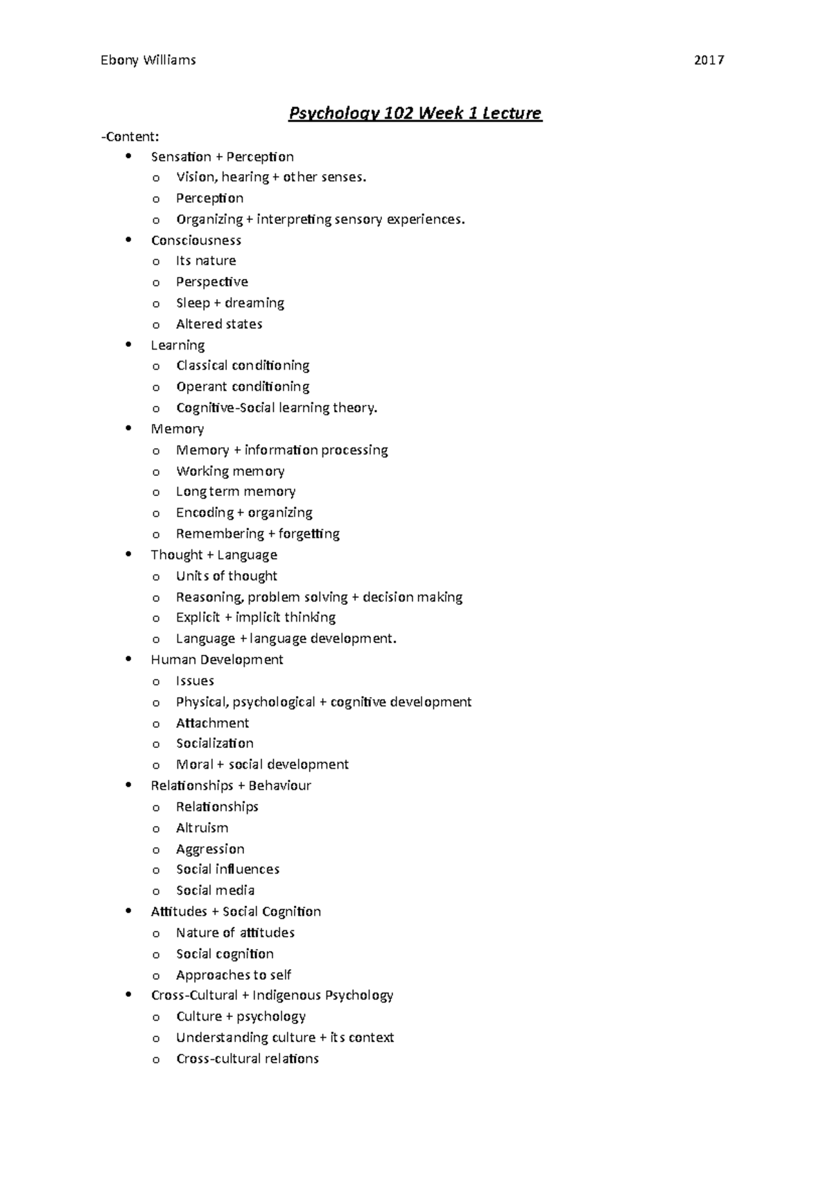 Psychology 102 Tutorial Notes - Psychology 102 Week 1 Lecture -Content ...