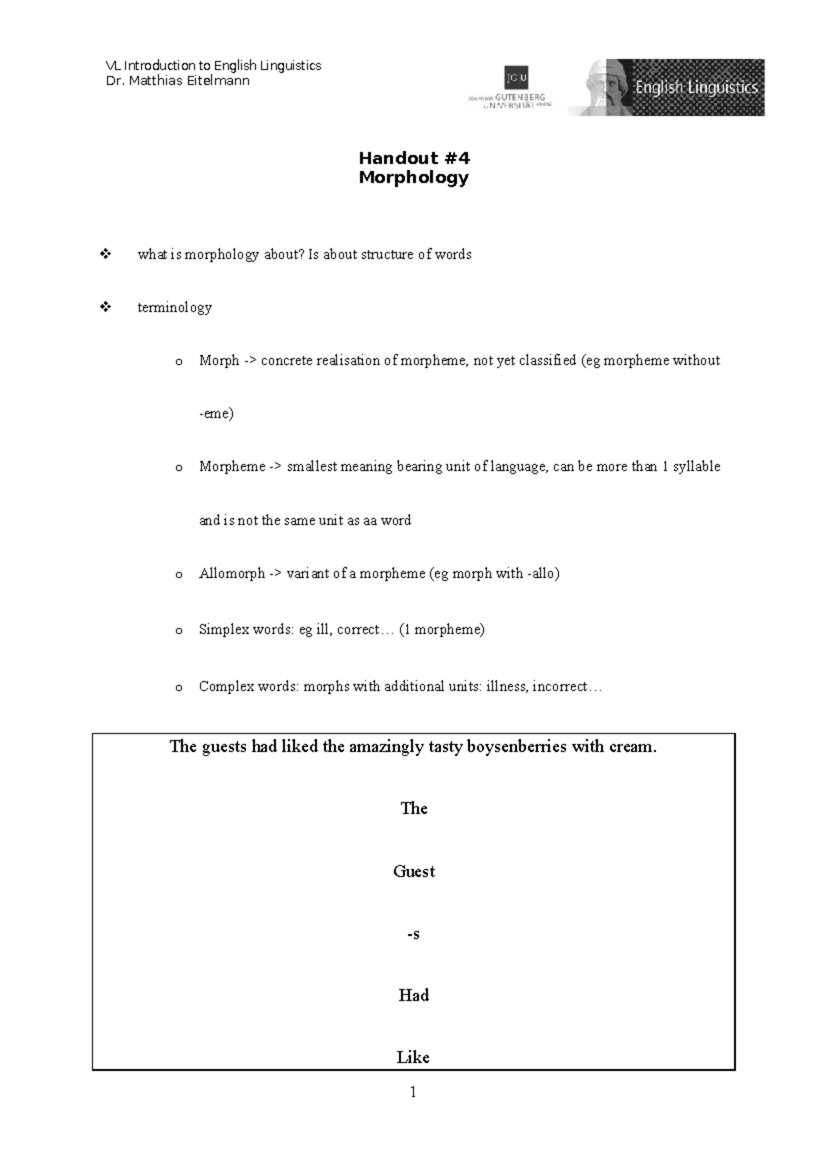 VL Introduction to English Linguistics: Handout 4 - Morphology Overview ...