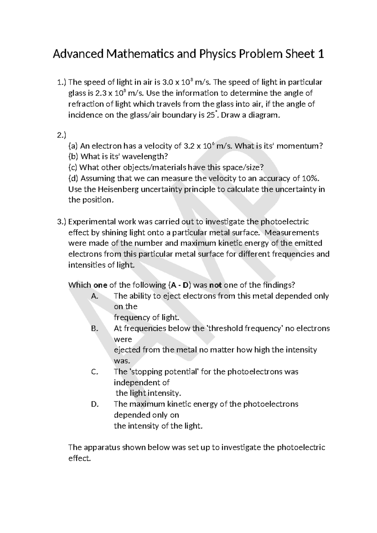 Advanced Mathematics and Physics Problem Sheet 1 - ) The speed of light ...