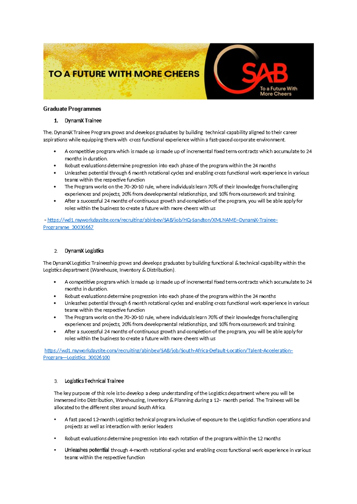 SAB Graduate Programmes Overview: Traineeships and Opportunities - Studocu