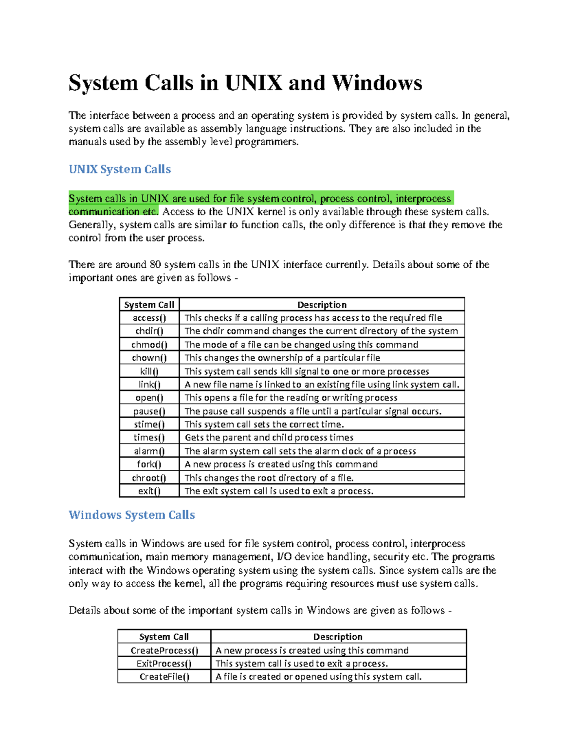 System Calls in UNIX & Windows: A Comparative Study (AOS101) - Studocu