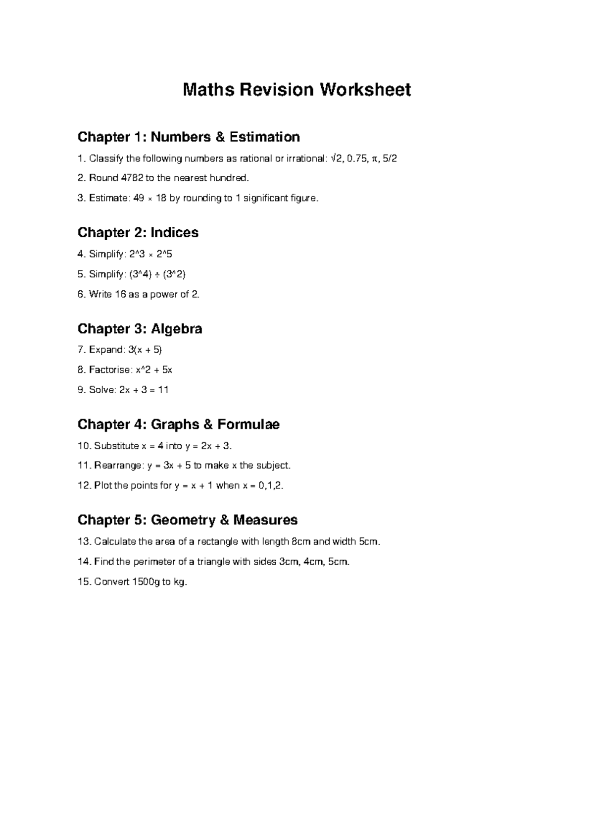 Maths Revision Worksheet: Chapter 1-5 Overview - Studocu