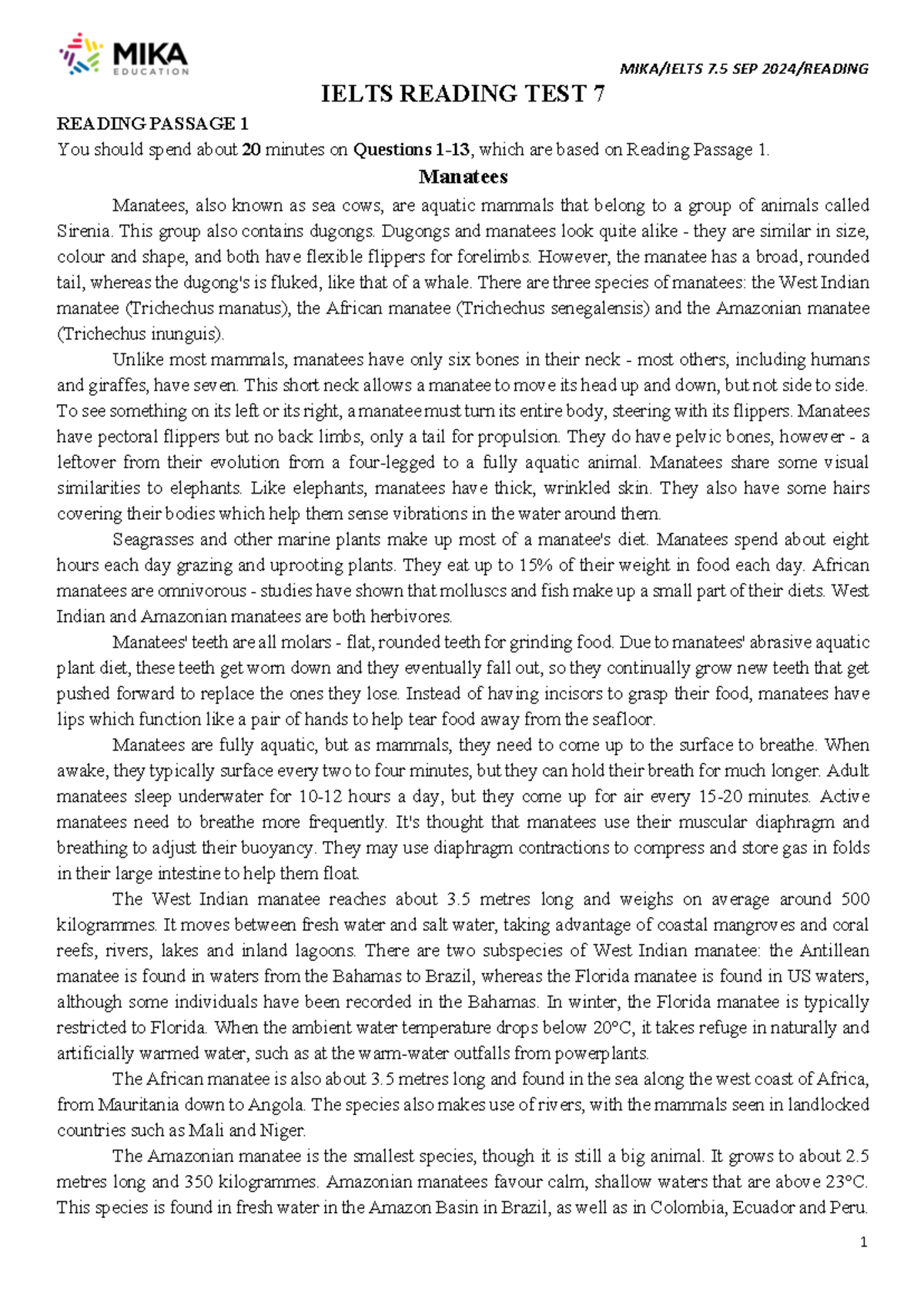 7.5 SEP IELTS Reading Test 7: Manatees and Procrastination Insights ...