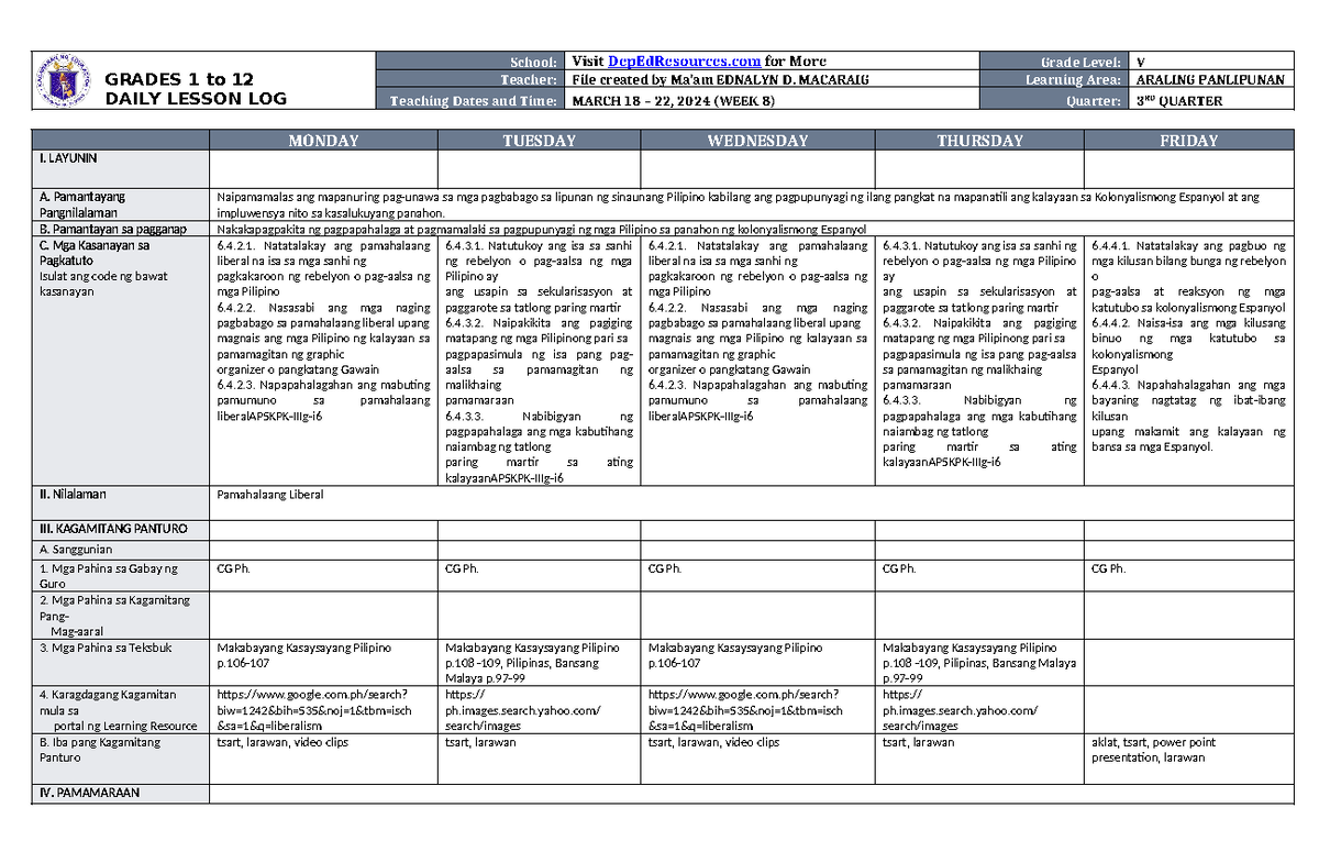 DLL Araling Panlipunan 5 Q3 W8 - GRADES 1 to 12 DAILY LESSON LOG School ...