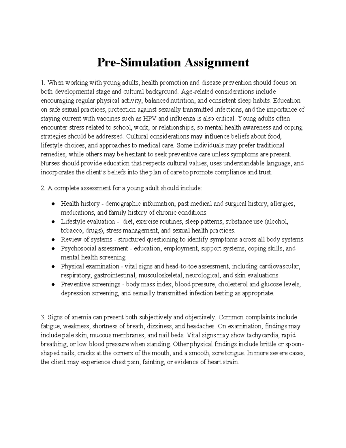 Pre-Simulation Assignment MP: Health Promotion for Young Adults - Studocu
