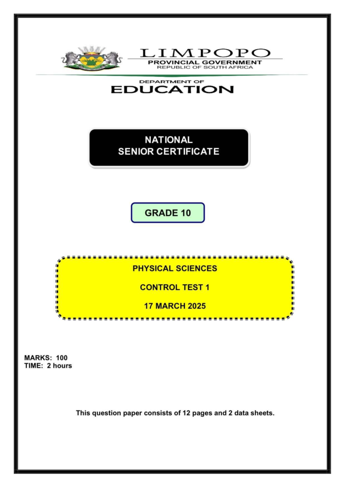 PHSC Gr 10 Physical Science Control Test 1 2025 Question Paper - Studocu