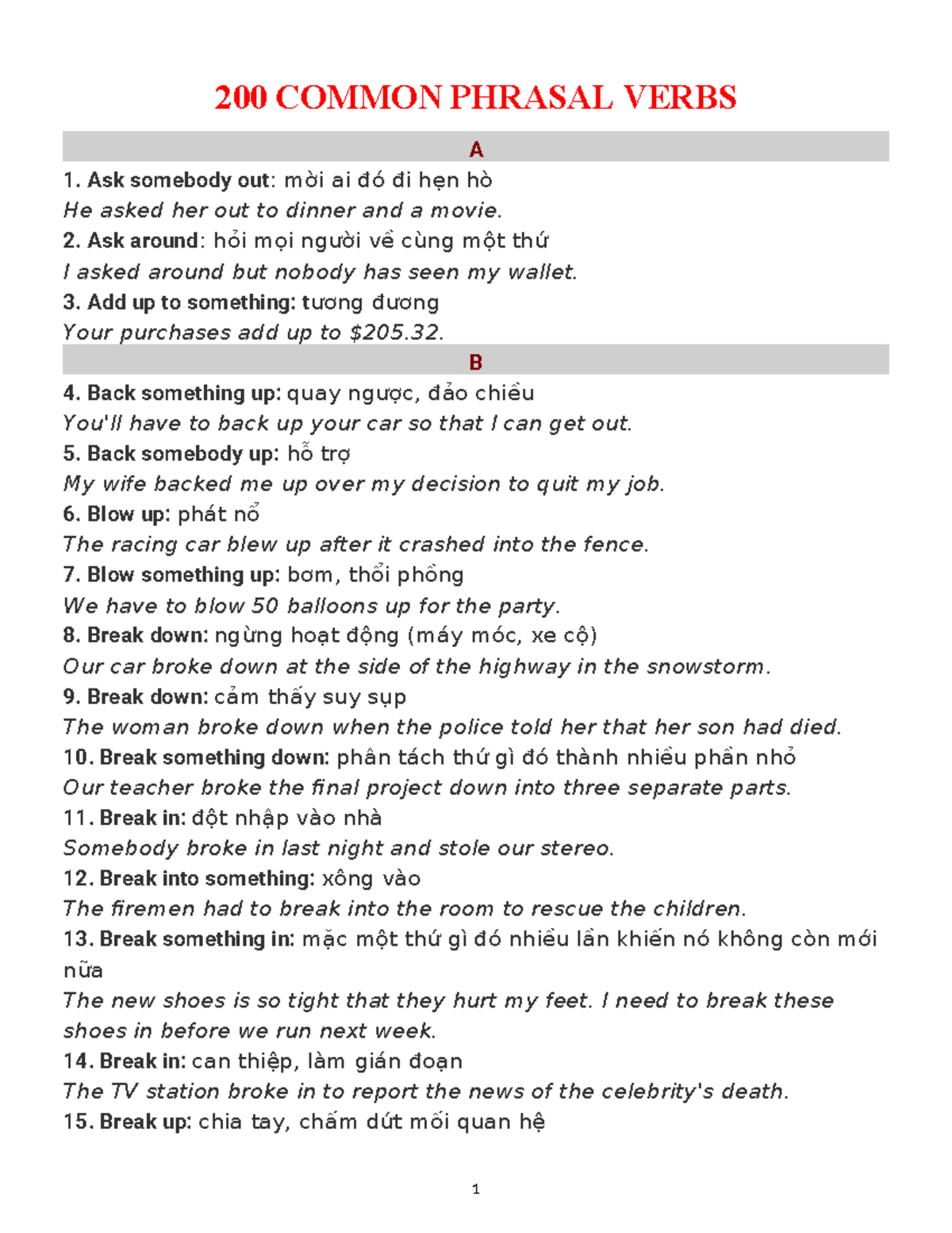 200 Common Phrasal Verbs: An Essential Study Resource - Studocu