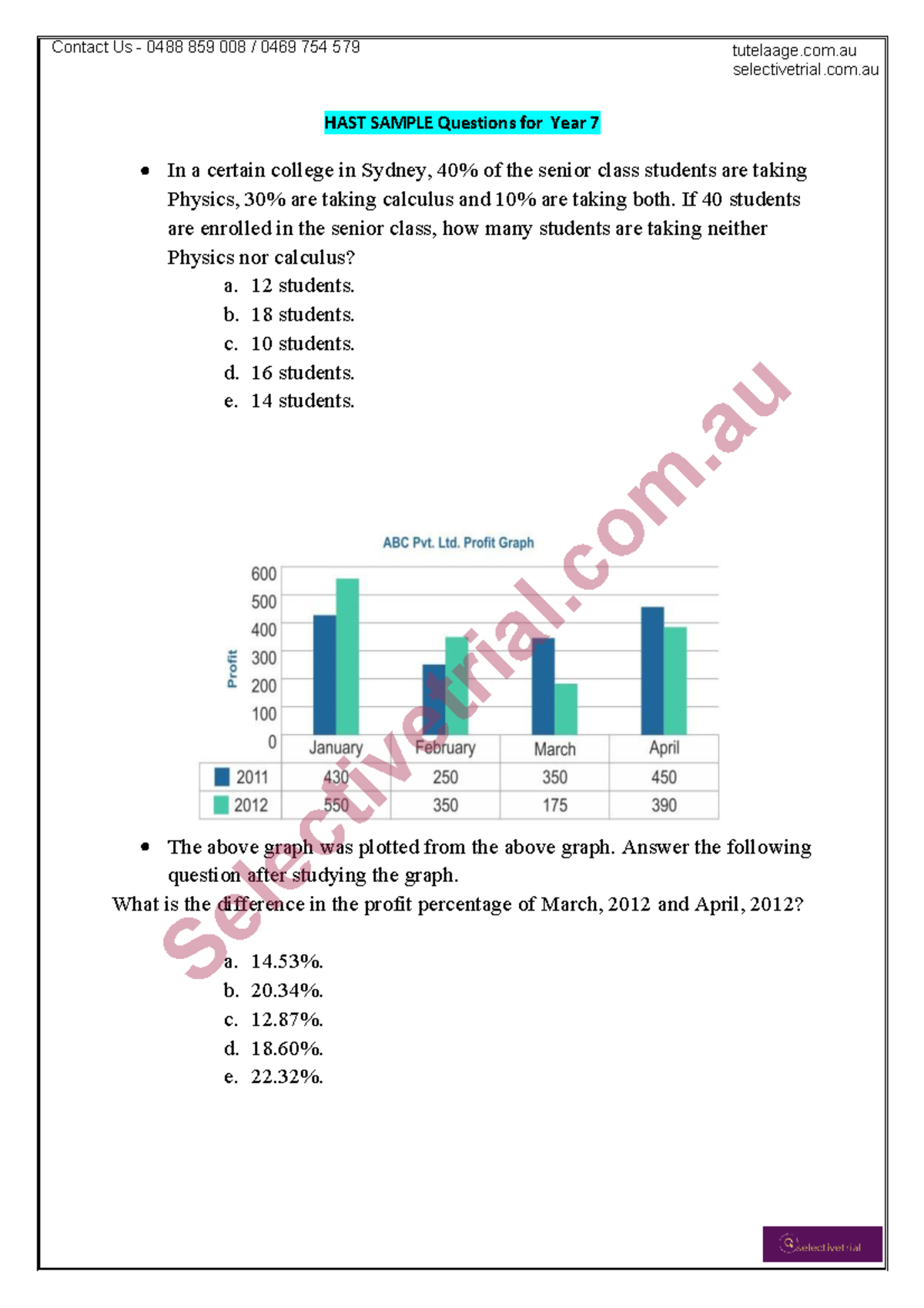 HAST Sample Maths Questions for Year 7 - HAST SAMPLE Questions for Year ...