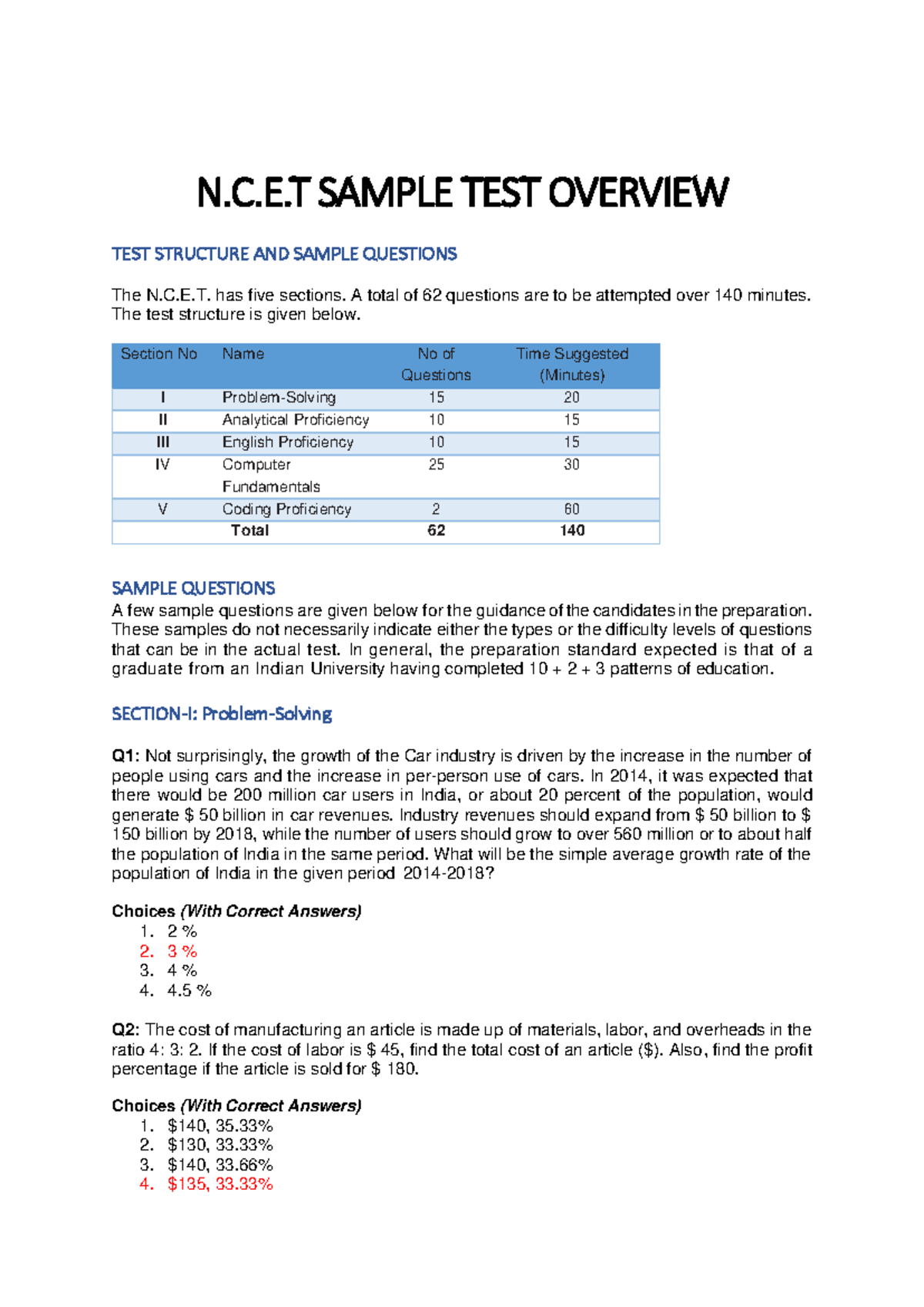 N.C.E.T. Sample Test Overview: Structure & Questions Guide - Studocu