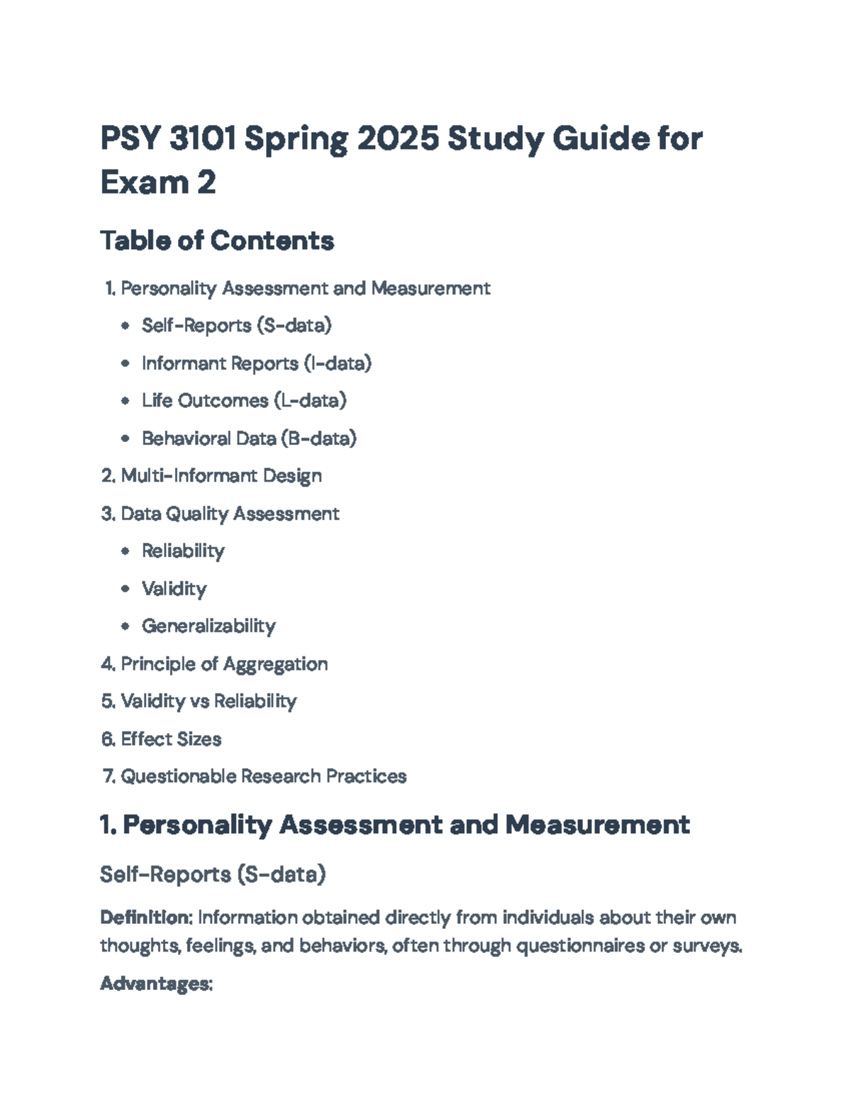 PSY 3101 Spring 2025 Study Guide for Exam 2: Personality Assessment ...