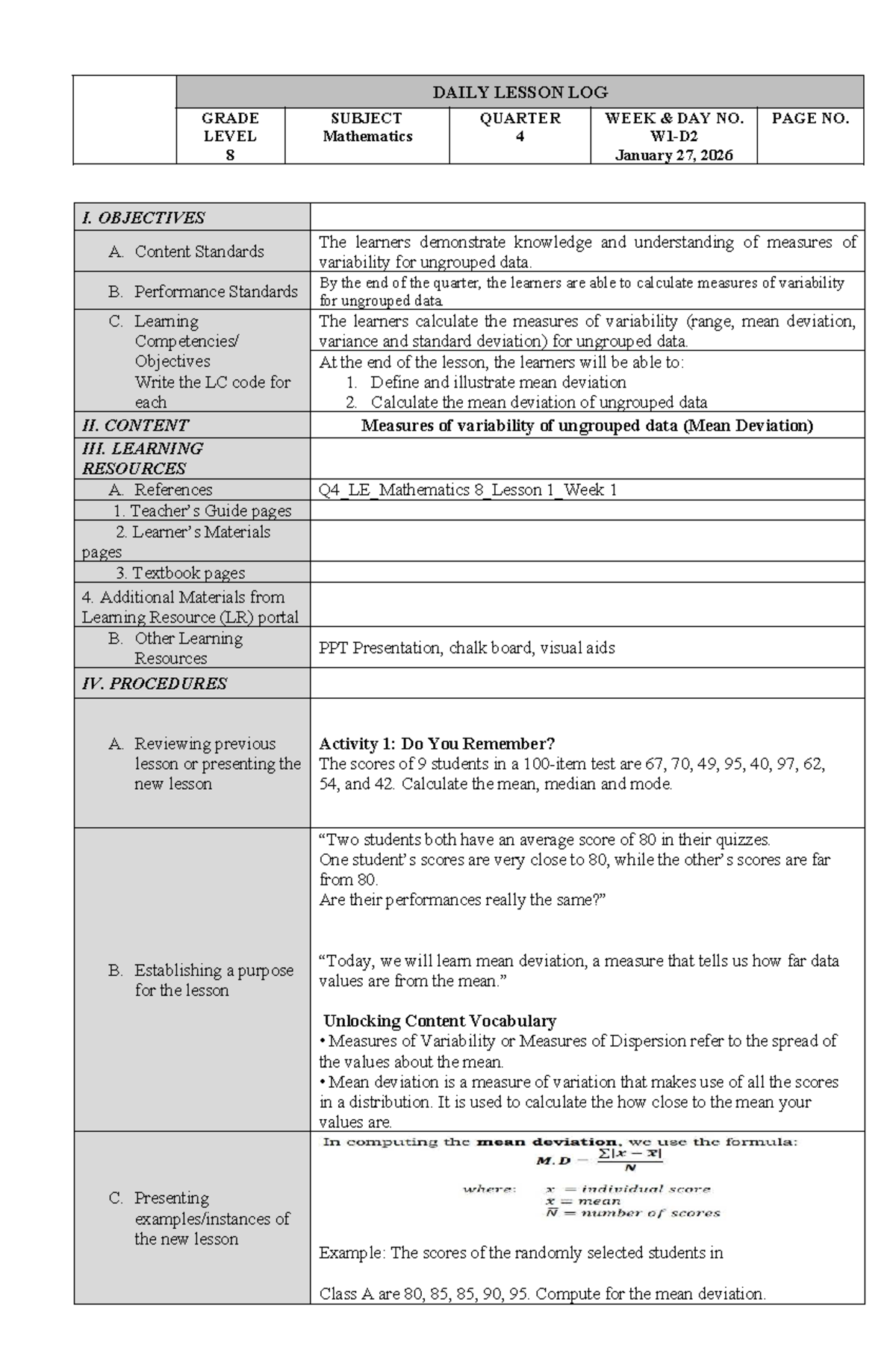 MATH 8 DLP - Q4-W1-DAY 2 - Lesson on Mean Deviation - Studocu