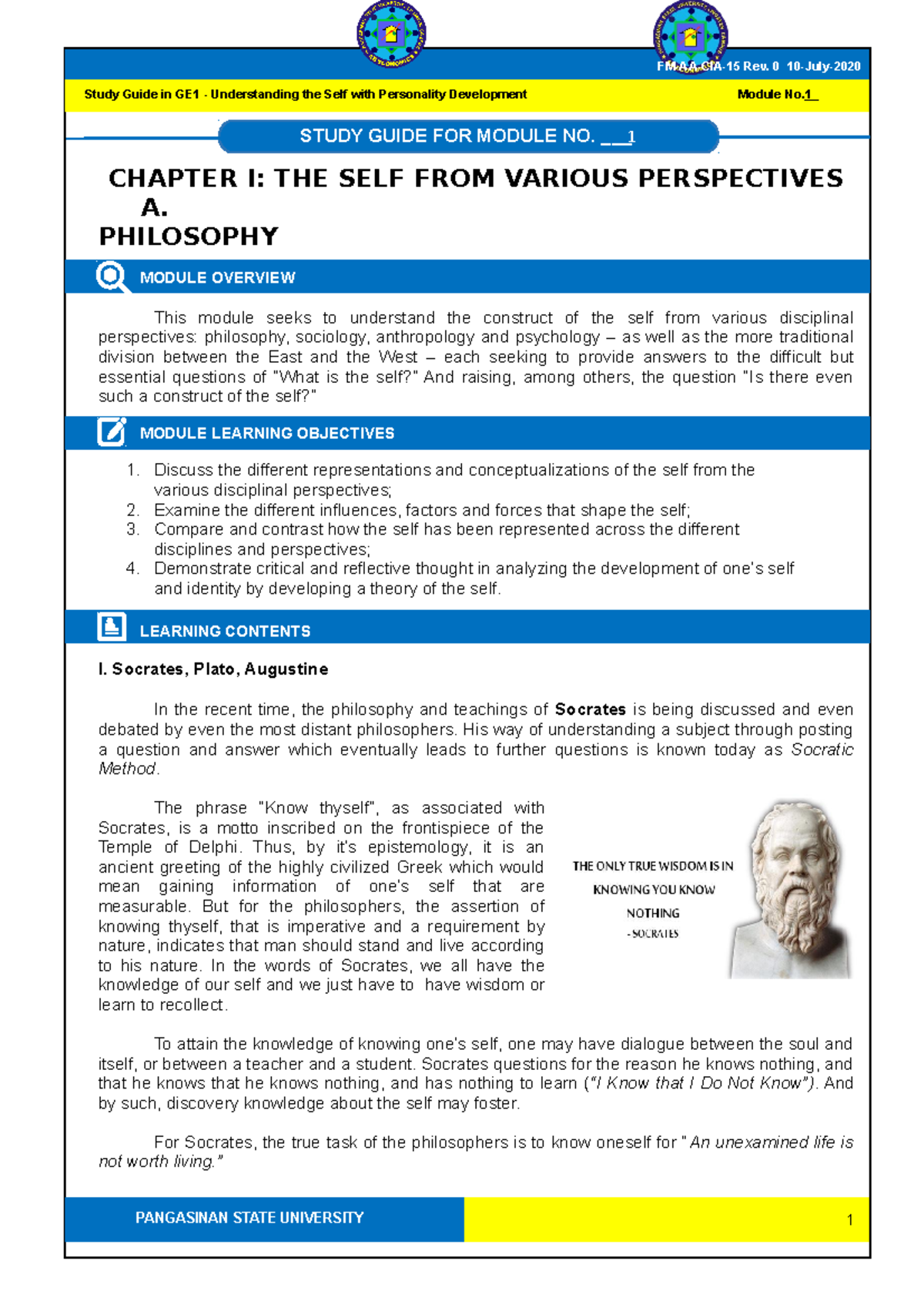 GE1 Module 1 Philosophy - 1 CHAPTER I: THE SELF FROM VARIOUS ...