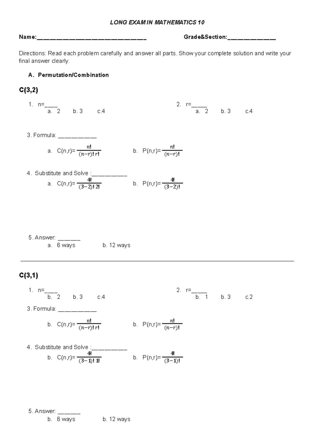 MATH 10 LONG EXAM: Combinatorics & Data Interpretation - Studocu