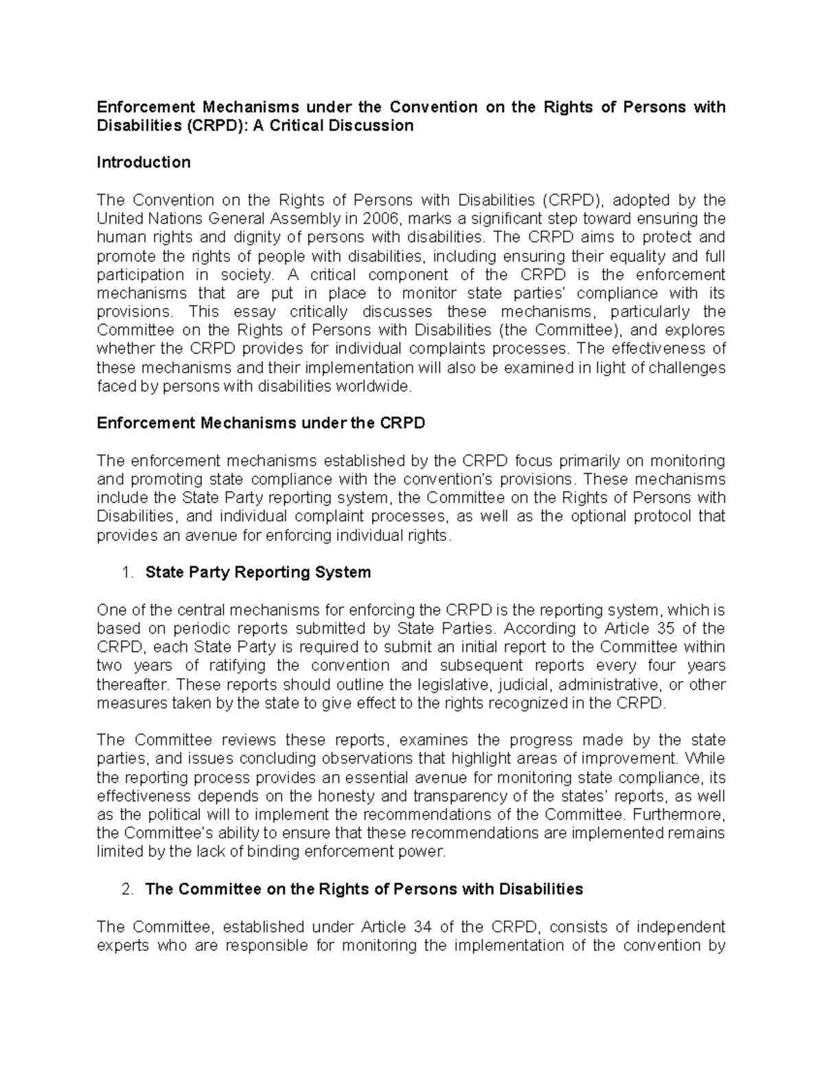 CRPD Enforcement Mechanisms: A Critical Analysis of Compliance and ...