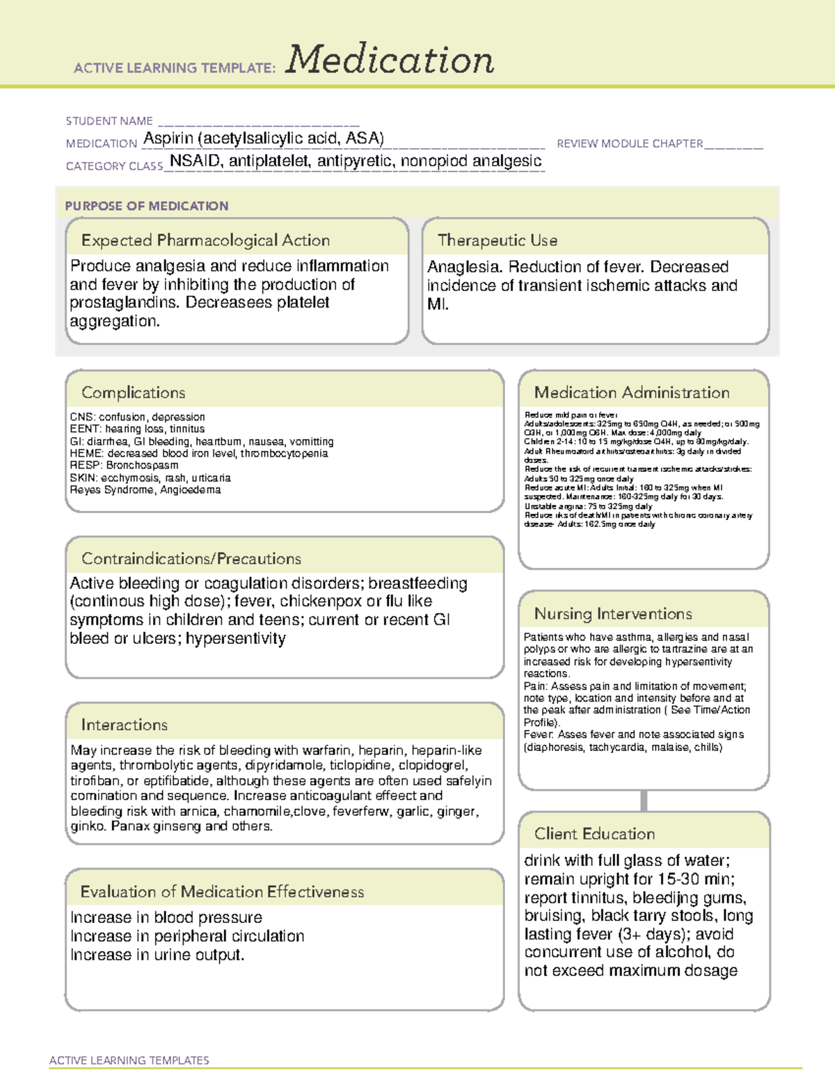 Med Card: Aspirin Overview and Guidelines for Nursing Students - Studocu
