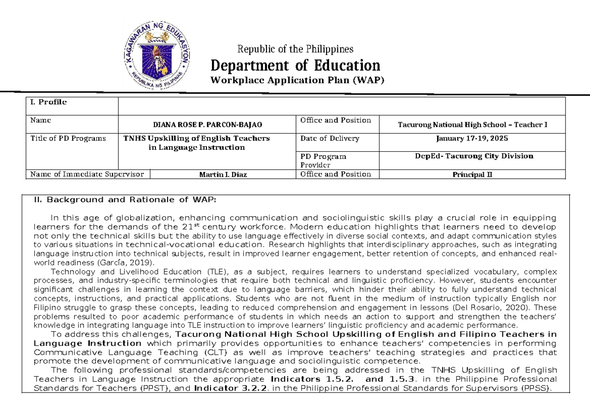 WoRK Application Plan Template - Republic of the Philippines Department ...