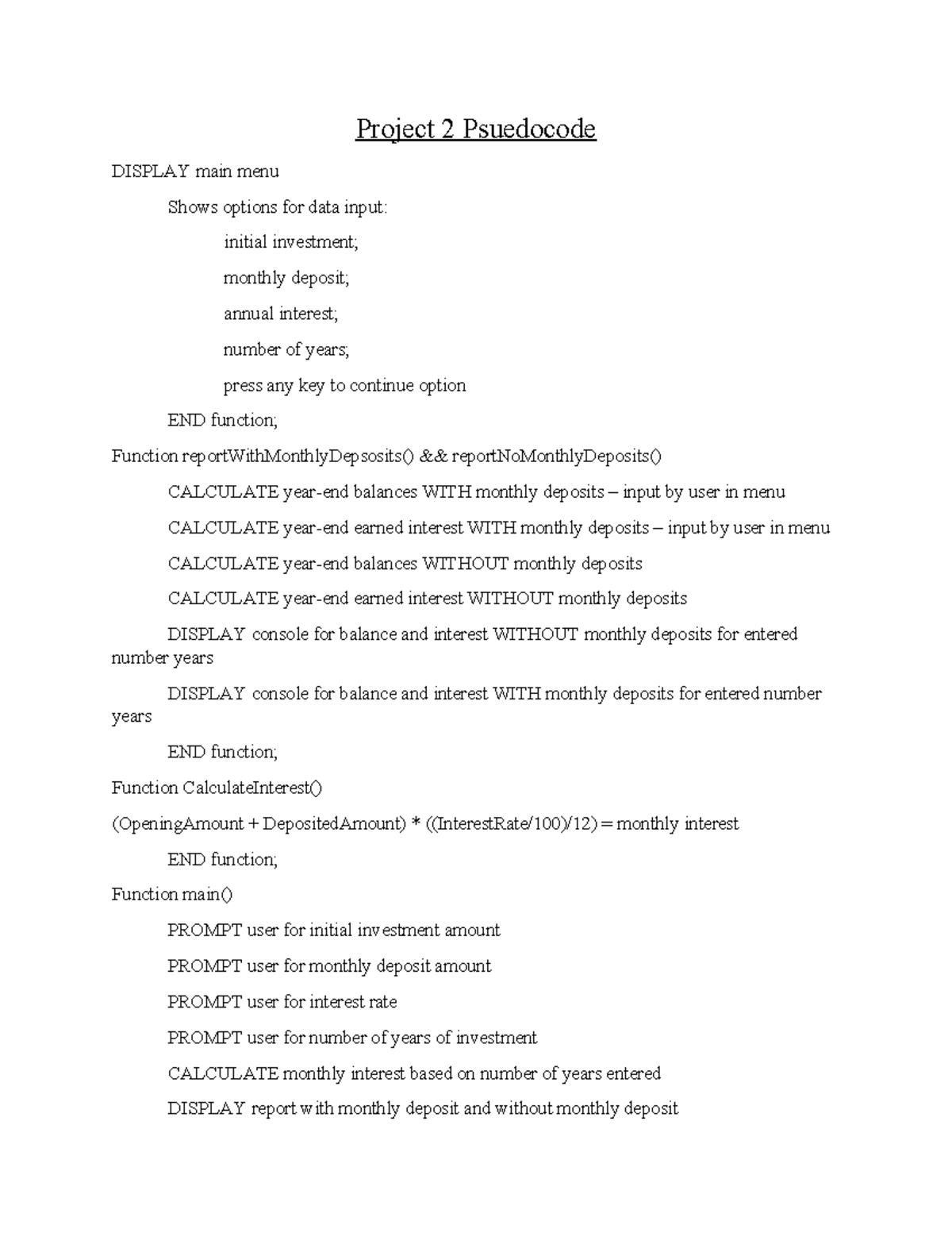 Project 2 Pseudocode: Investment Calculation Functions & Menu Display ...