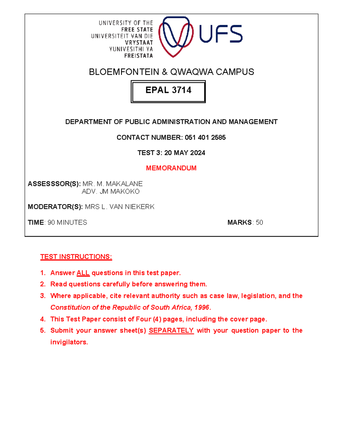 EPAL 3714 Test 3 Memorandum: Public Administration & Management - Studocu