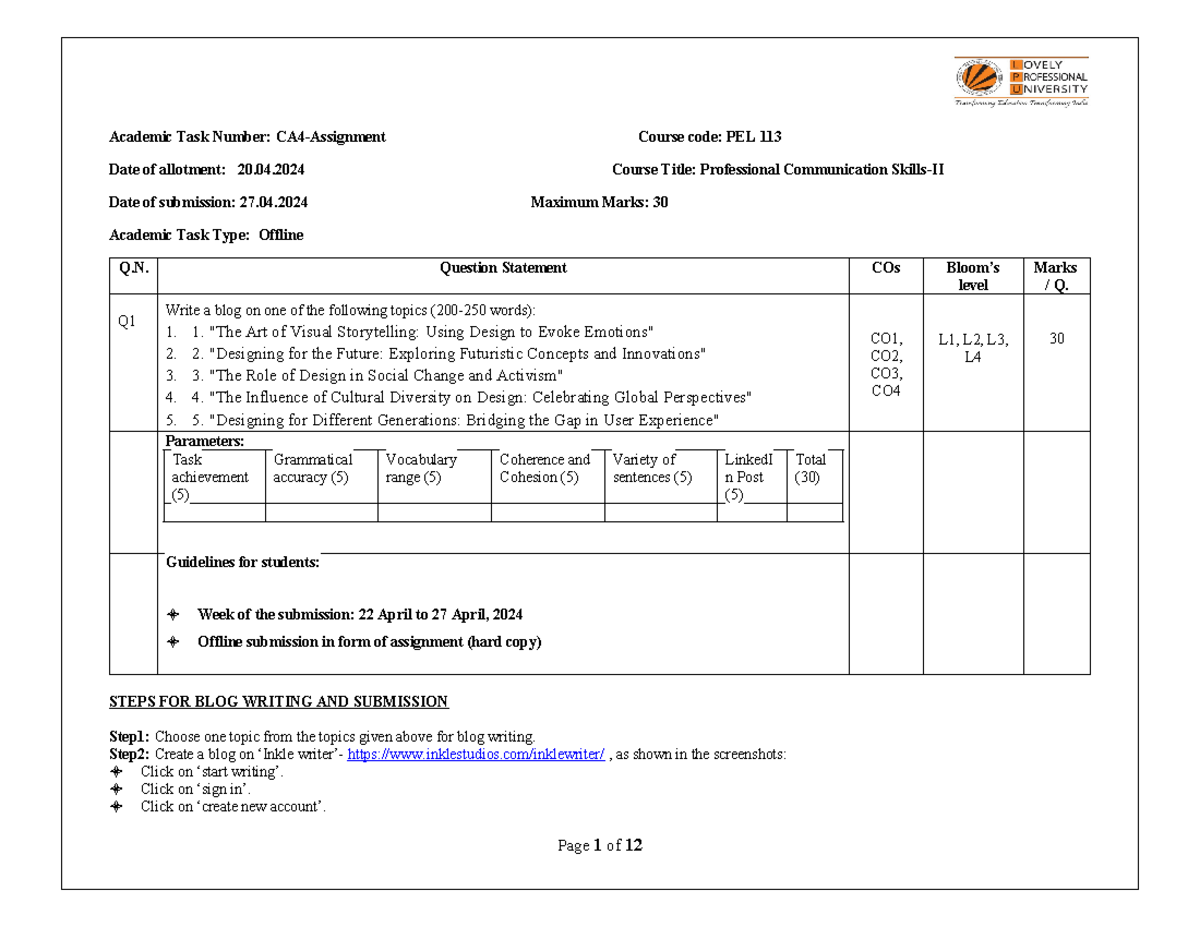 Blog Writing Assignment for PEL 113 - CA4 Task Guide - Studocu