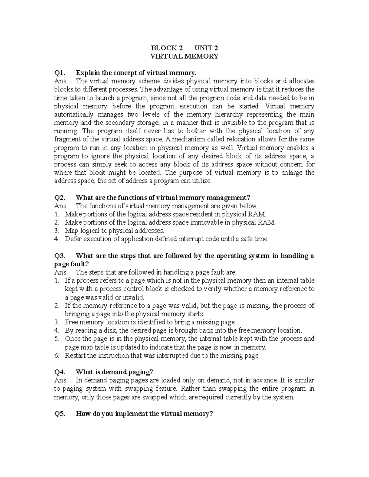 Unit 2 - Virtual Memory - notes - BLOCK 2 UNIT 2 VIRTUAL MEMORY Q1 ...