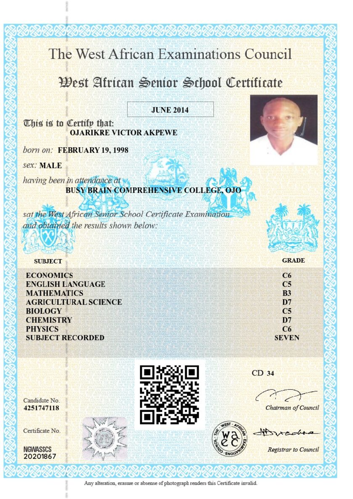 WASSCE Certificate for Ojarikre Victor Akpewe - June 2014 - Studocu