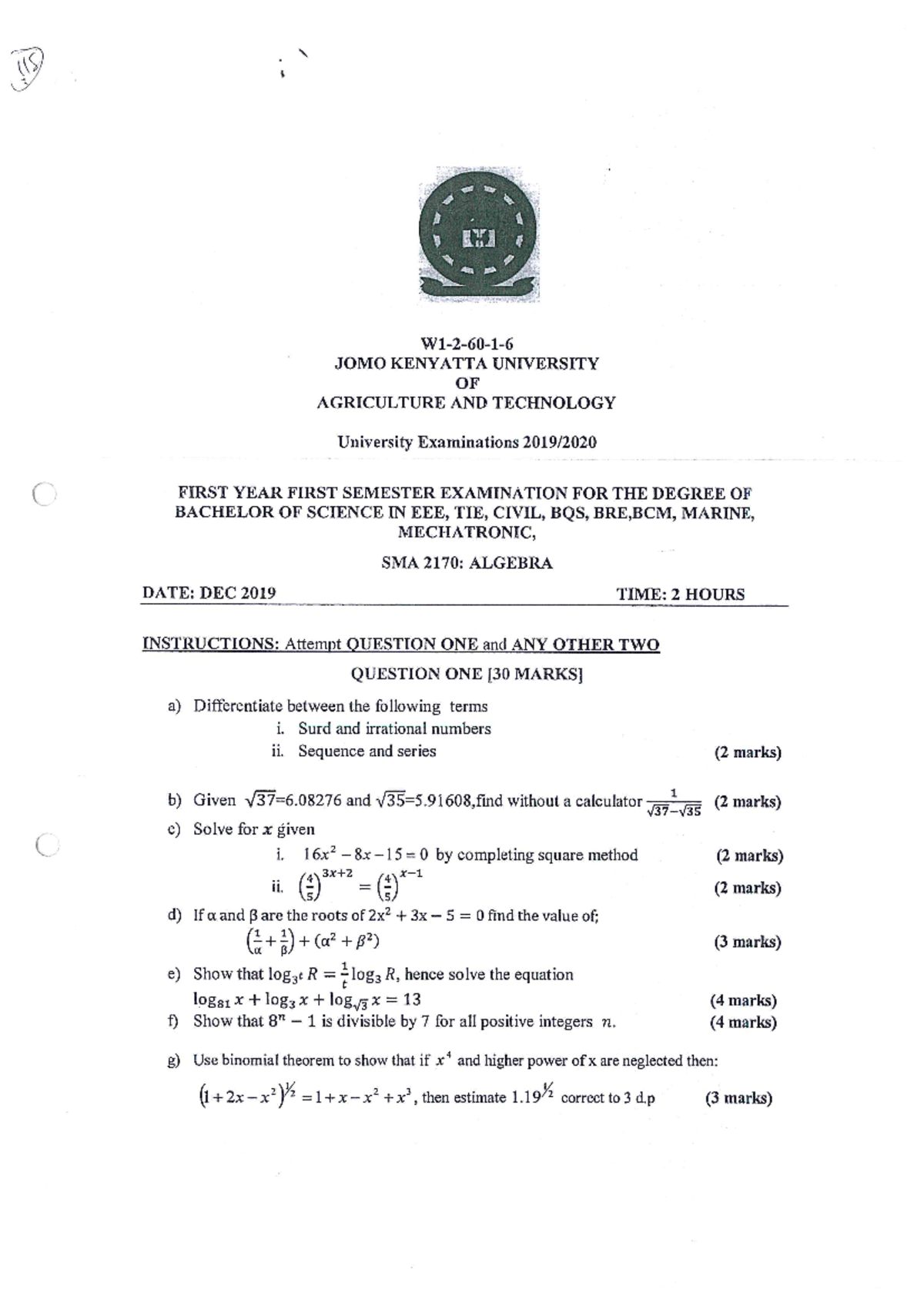 SMA 2170 Algebra - Comprehensive Revision Paper Guide - Studocu