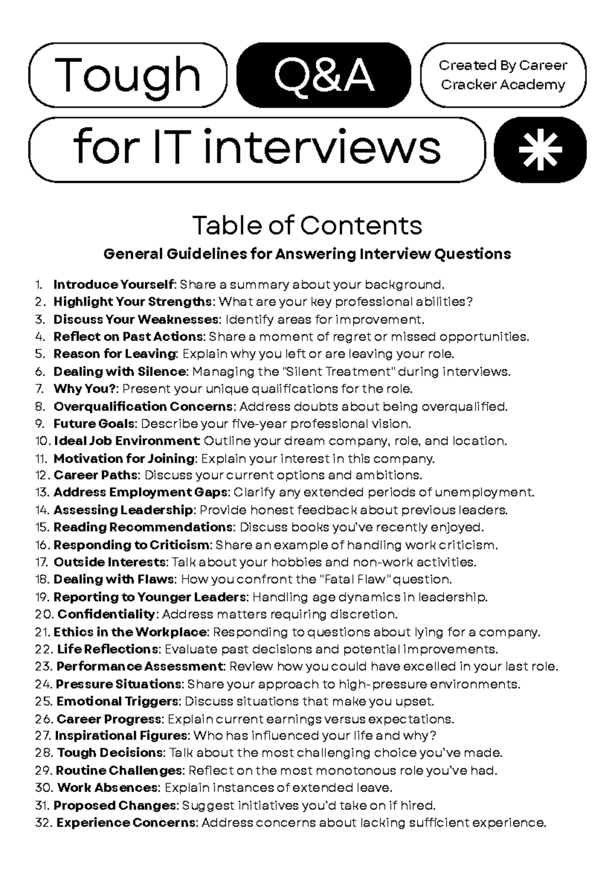 Tough Interview Questions - Table of Contents General Guidelines for ...