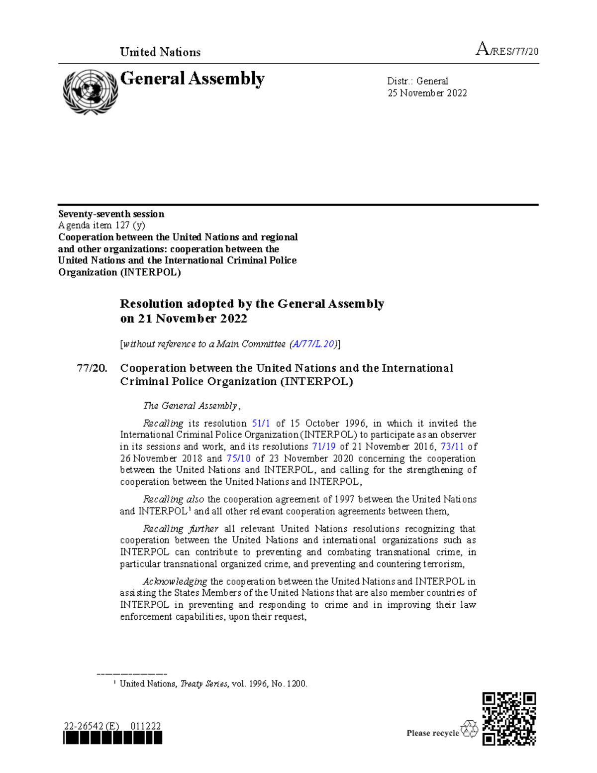 Cooperation Between the UN and INTERPOL: Resolution Overview (A/RES/77/ ...