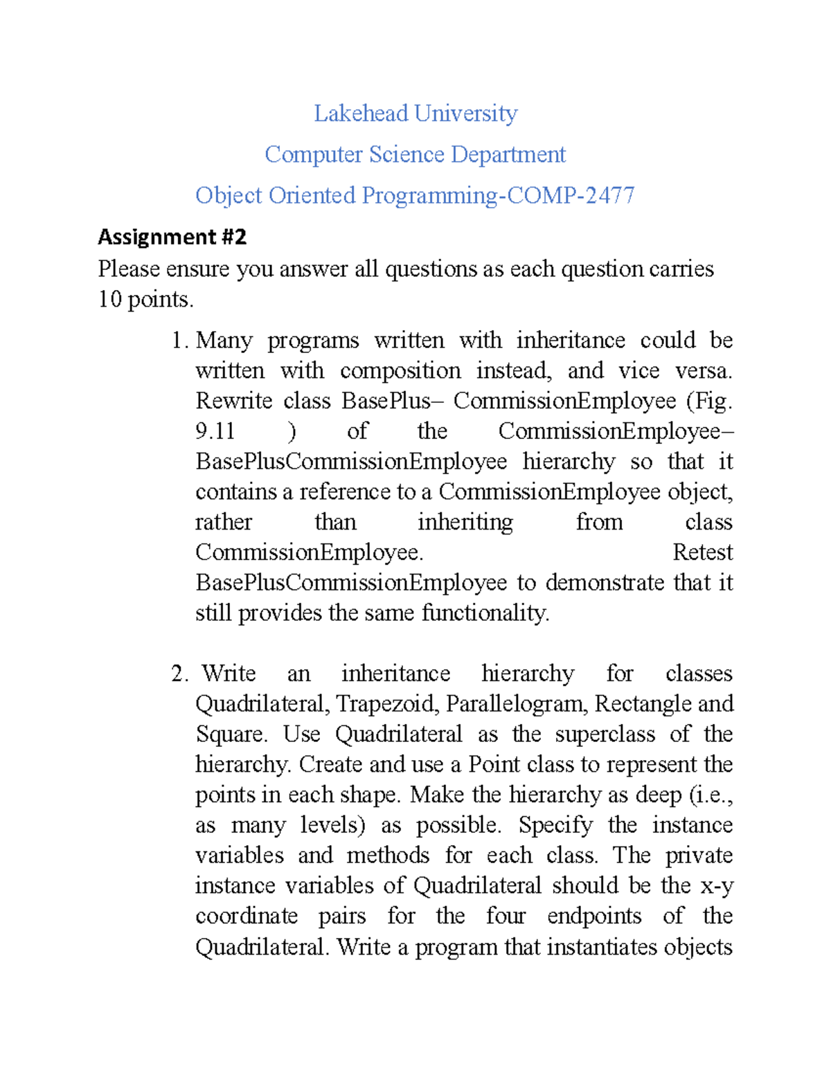COMP-2477 Object Oriented Programming - Homework Assignment #2 - Studocu